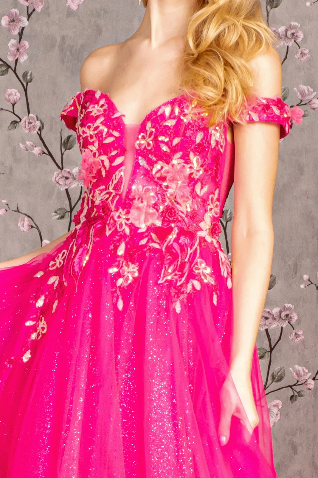 3D Floral Off Shoulder A-line Gown by GLS Gloria GL3443