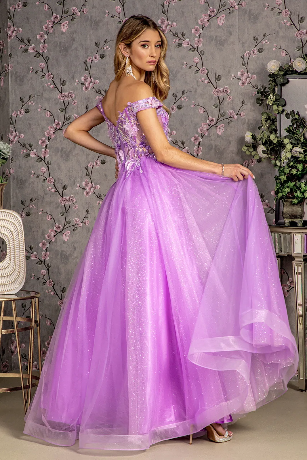 3D Floral Off Shoulder A-line Gown by GLS Gloria GL3443