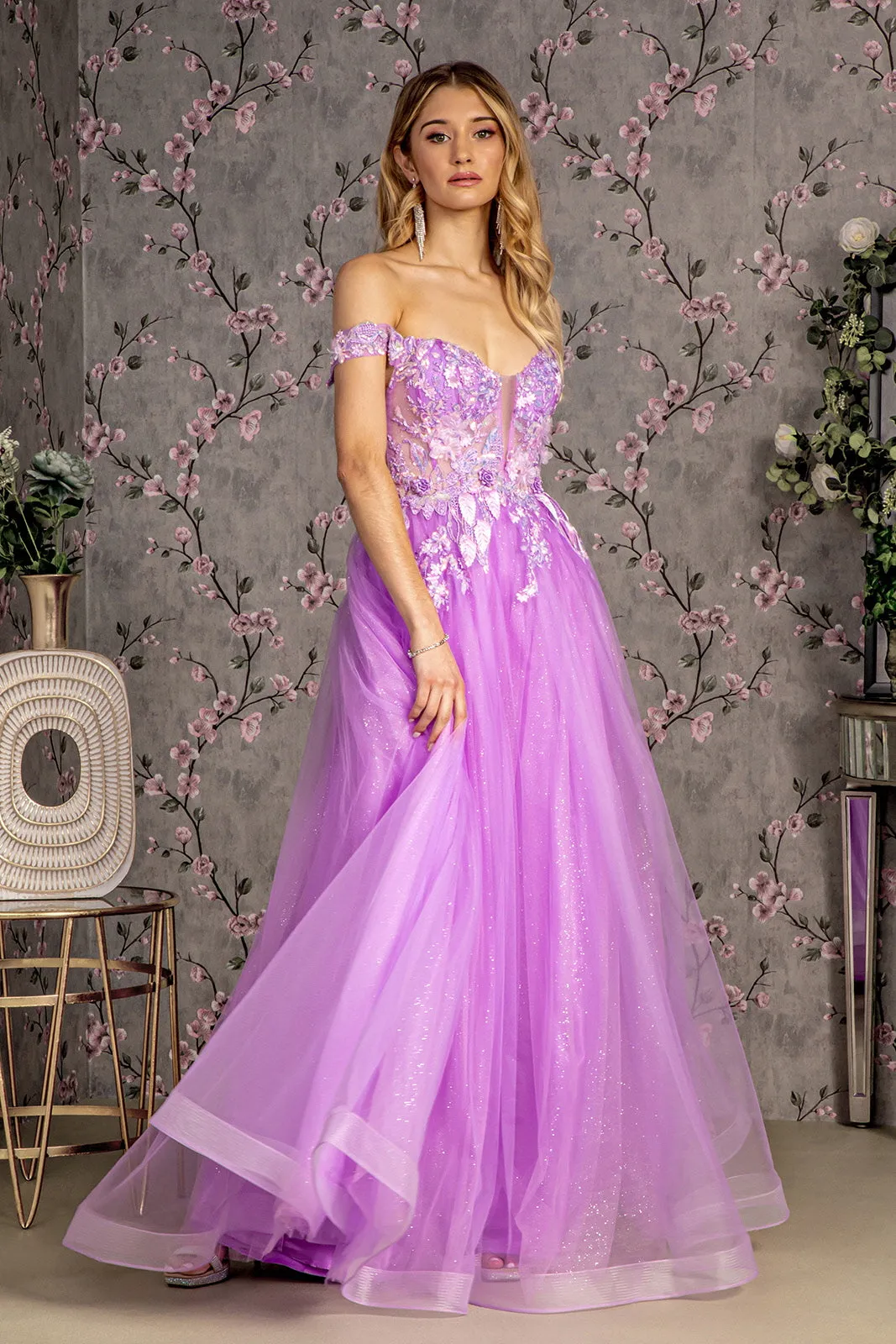 3D Floral Off Shoulder A-line Gown by GLS Gloria GL3443