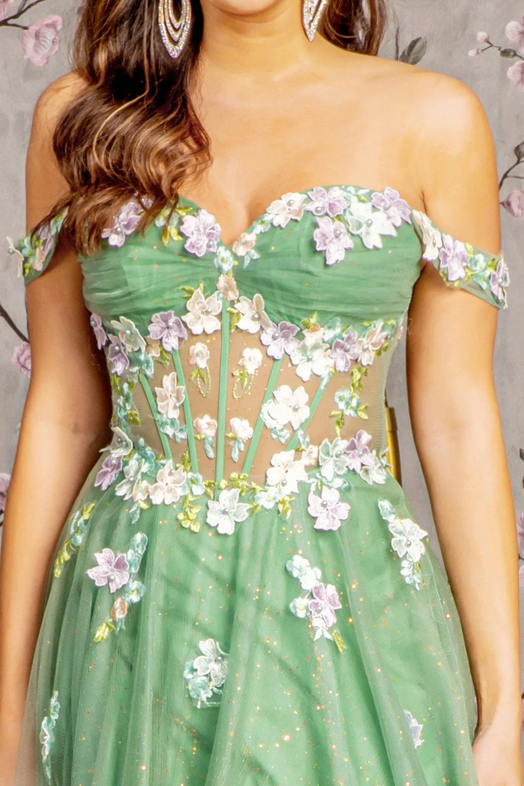 3D Floral Off Shoulder A-line Slit Gown by GLS Gloria GL3227