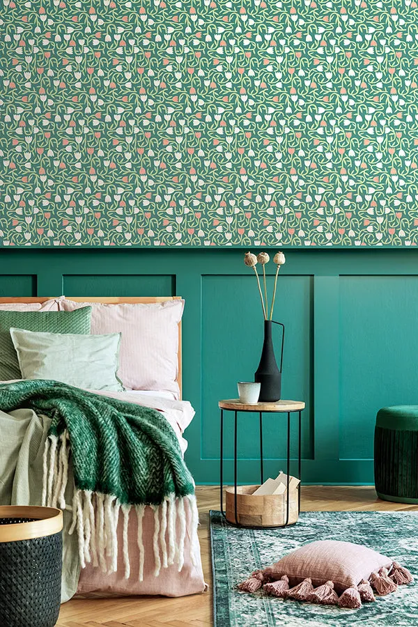 Aino Green Tiny Tulip Wallpaper  | Brewster Wallcovering