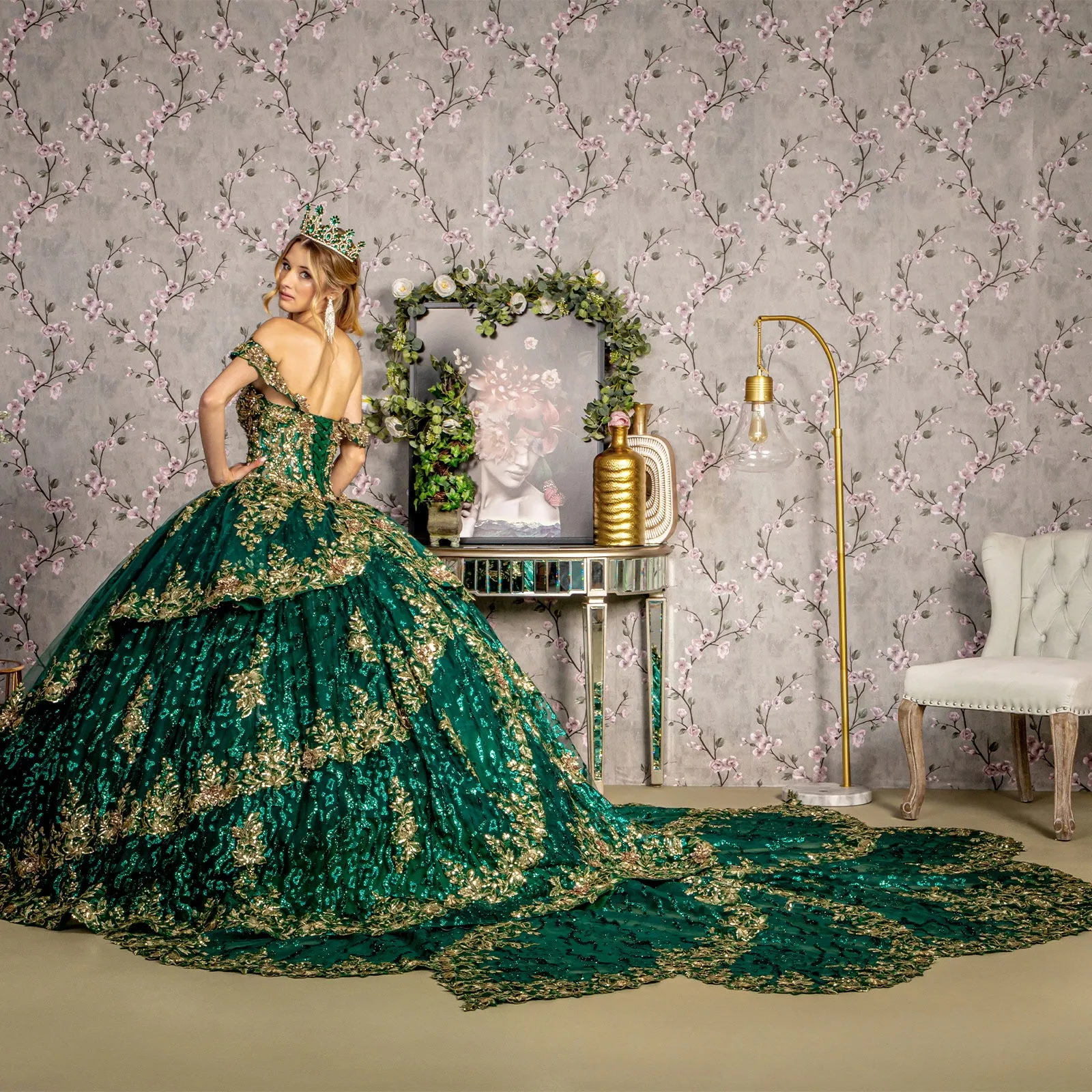 Applique Glitter Off Shoulder Ball Gown by GLS Gloria GL3477