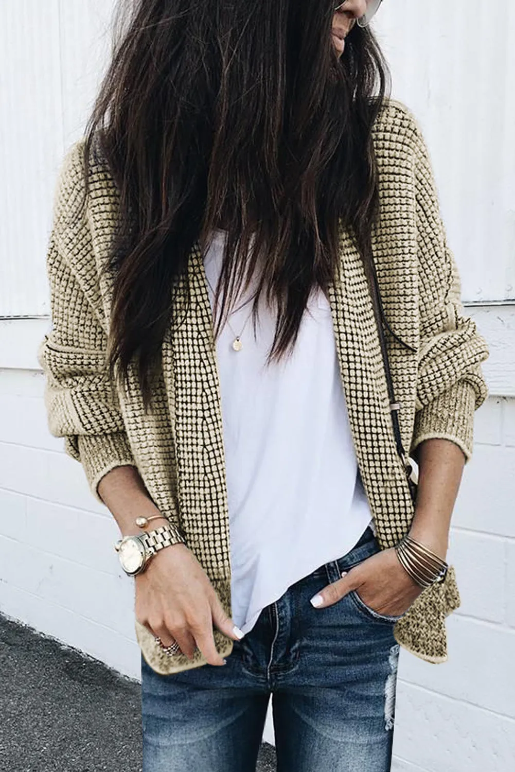 Cozy Apricot Plaid Open Front Cardigan with Contrast Trim