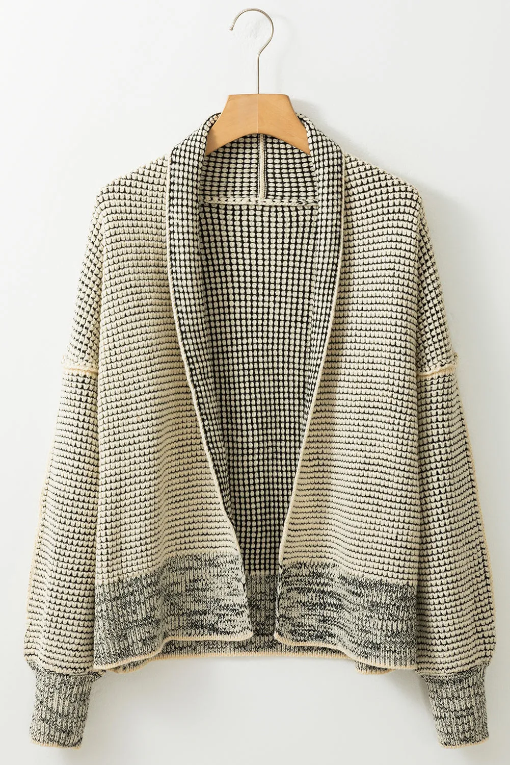 Cozy Apricot Plaid Open Front Cardigan with Contrast Trim