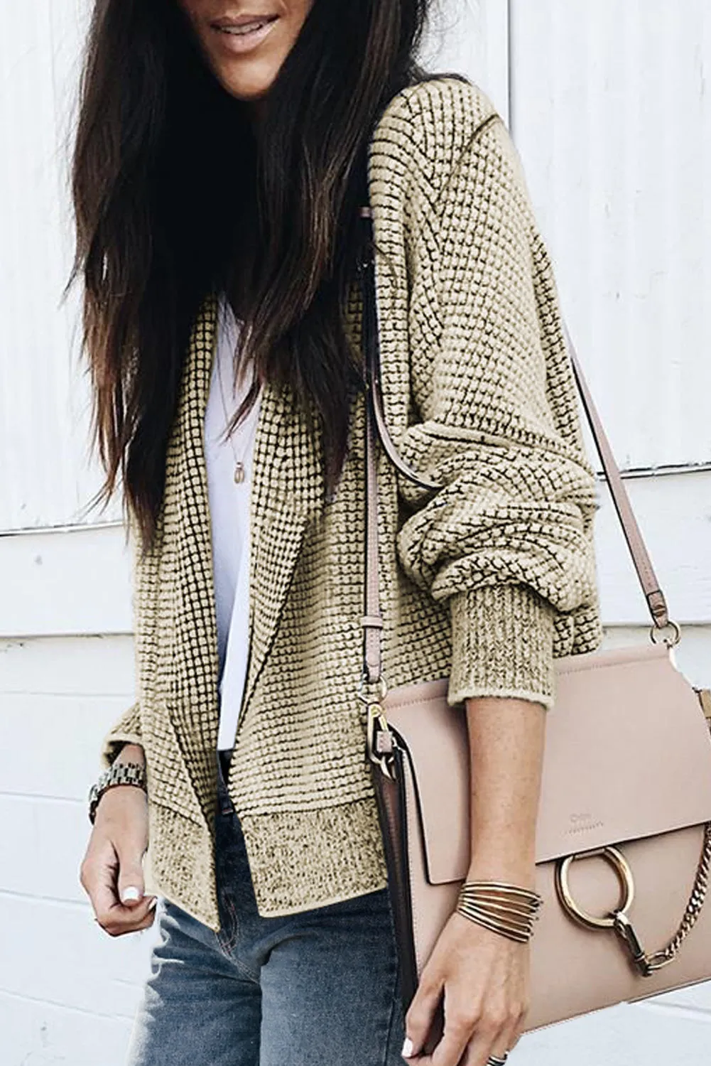 Cozy Apricot Plaid Open Front Cardigan with Contrast Trim