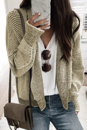 Cozy Apricot Plaid Open Front Cardigan with Contrast Trim