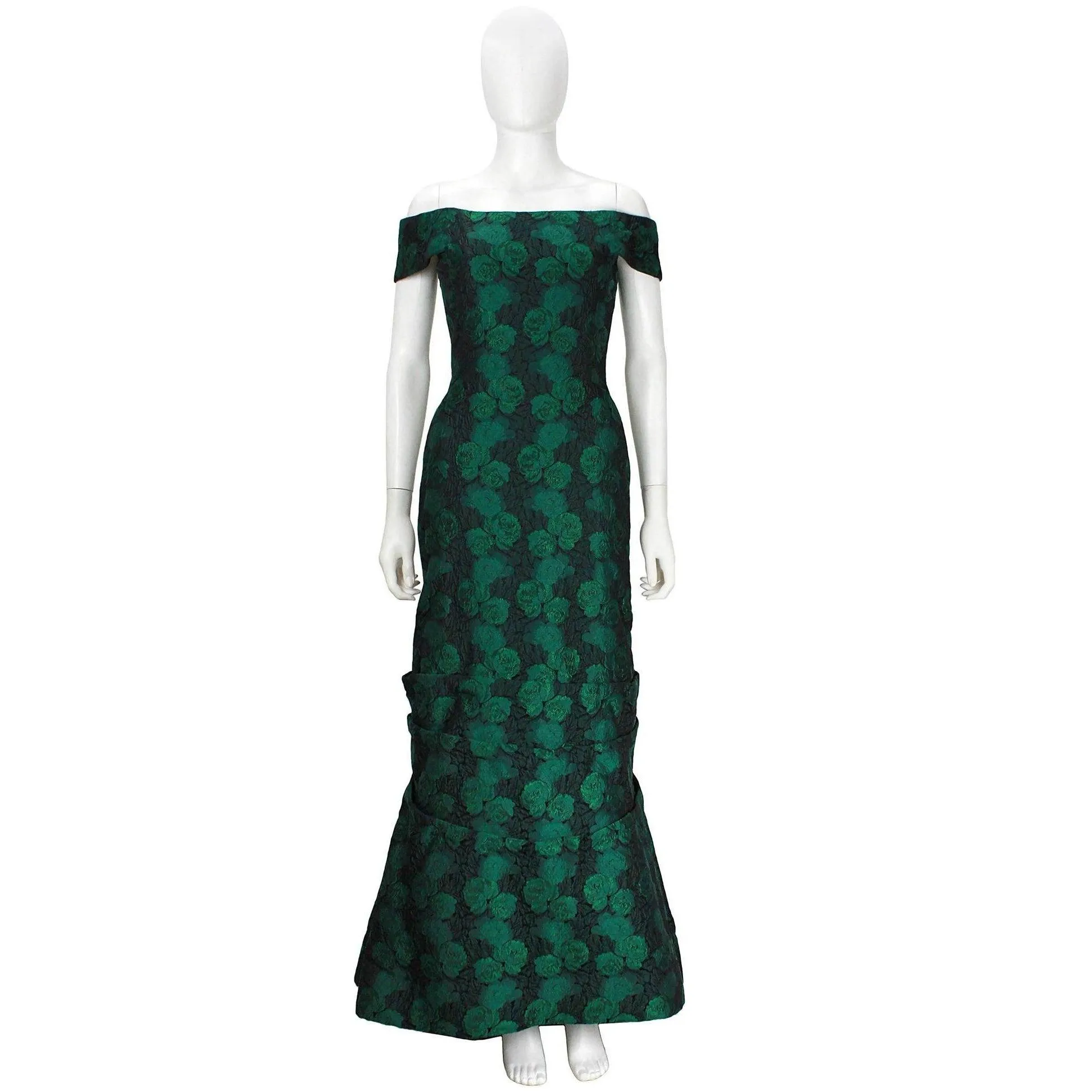 ARNOLD SCAASI 1980's Dark Green Floral Brocade Gown with Jacket | Size 8