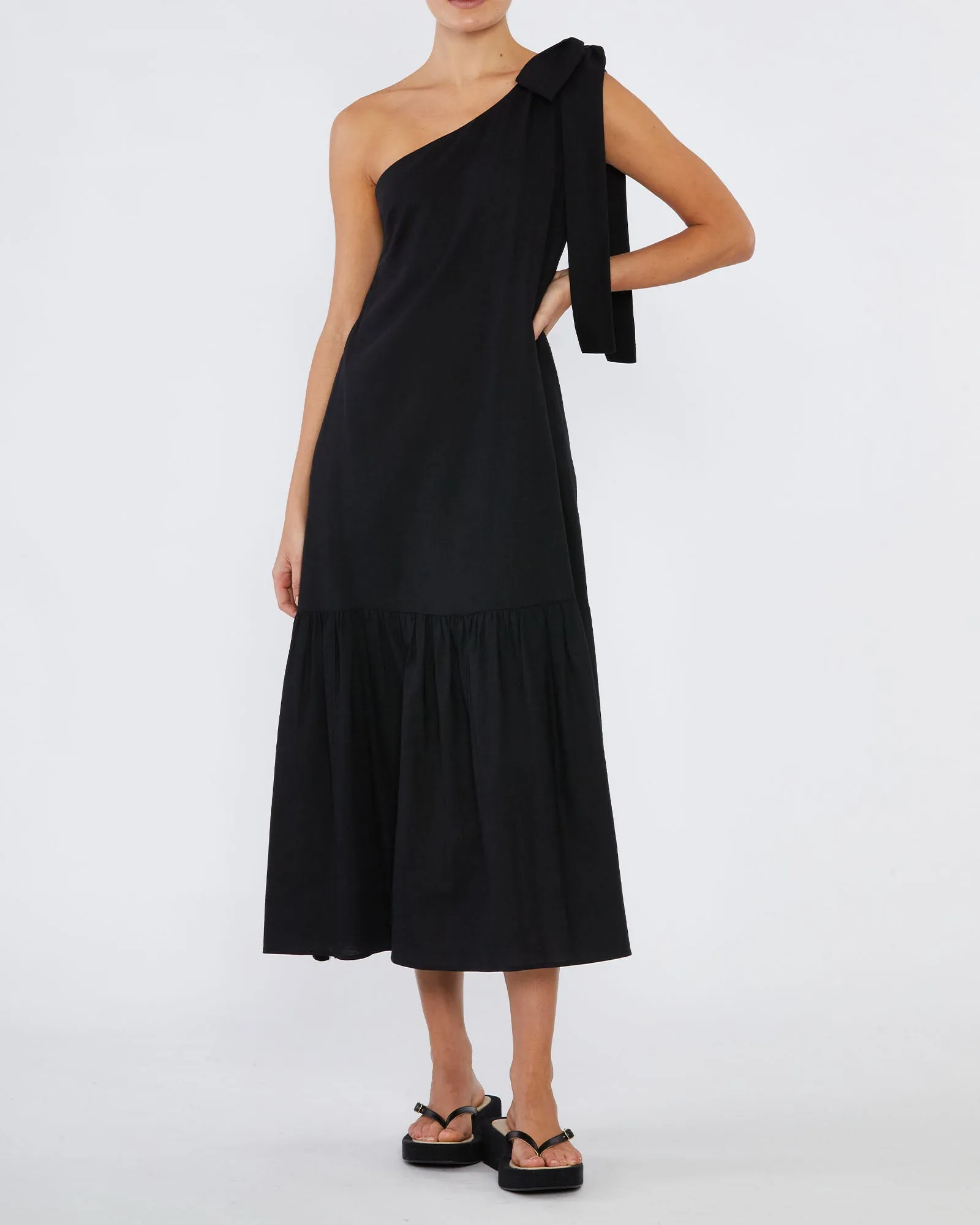 Aruba Linen One Shoulder Dress - Black