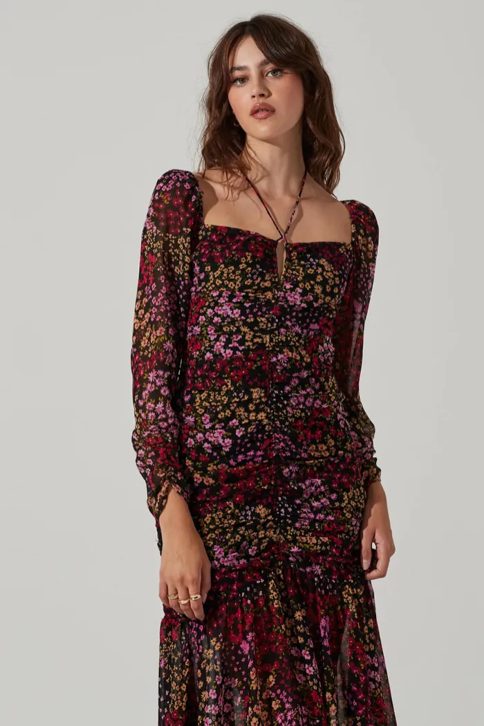 Athena Floral Ruched Long Sleeve Midi Dress