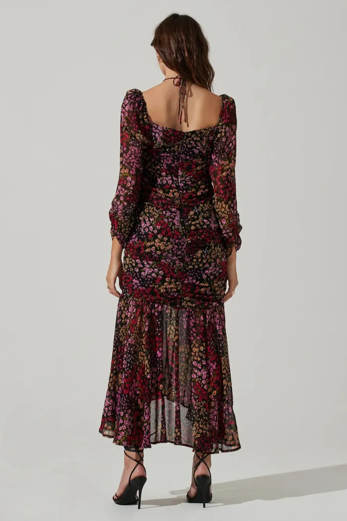 Athena Floral Ruched Long Sleeve Midi Dress