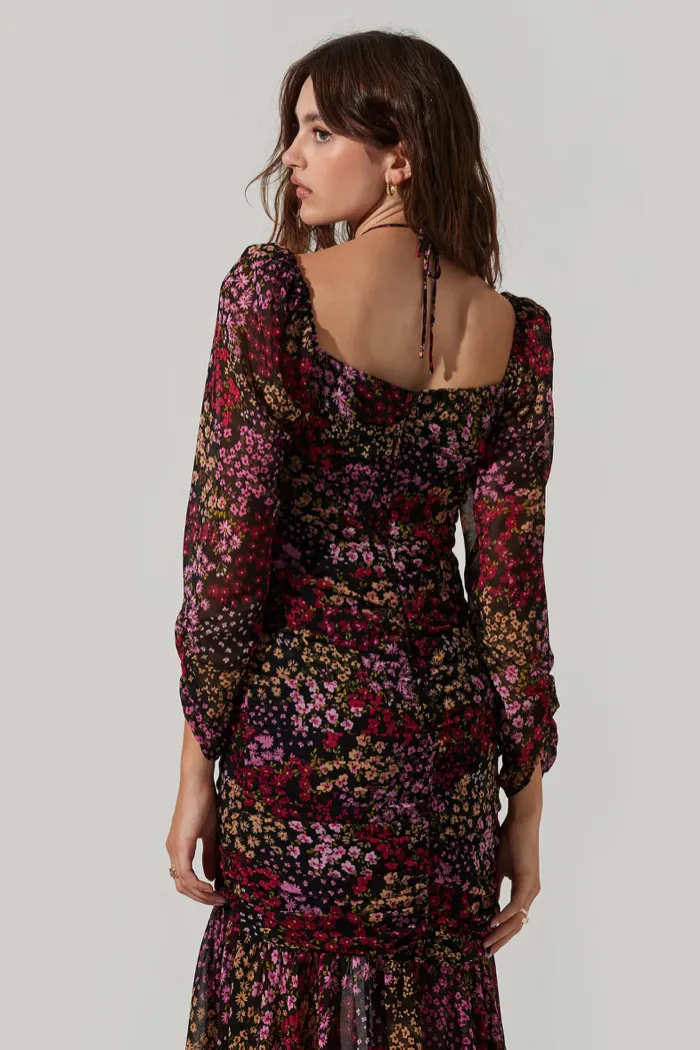 Athena Floral Ruched Long Sleeve Midi Dress