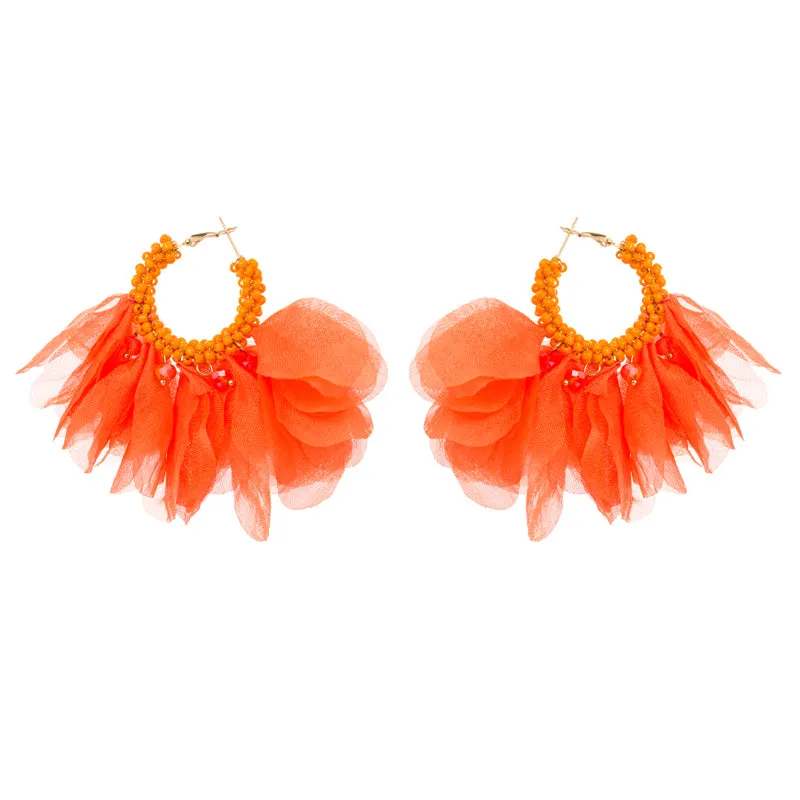Beaded & Organza Floral Round Circle Earrings