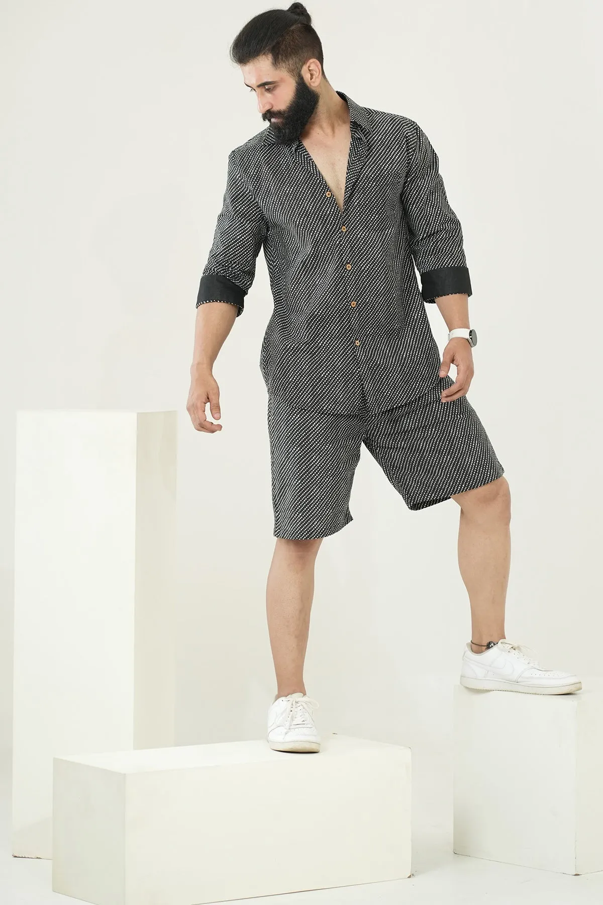 Black Shorts Diagonal Stripes Print, Only shorts Part of Coord Set  | Style Matters