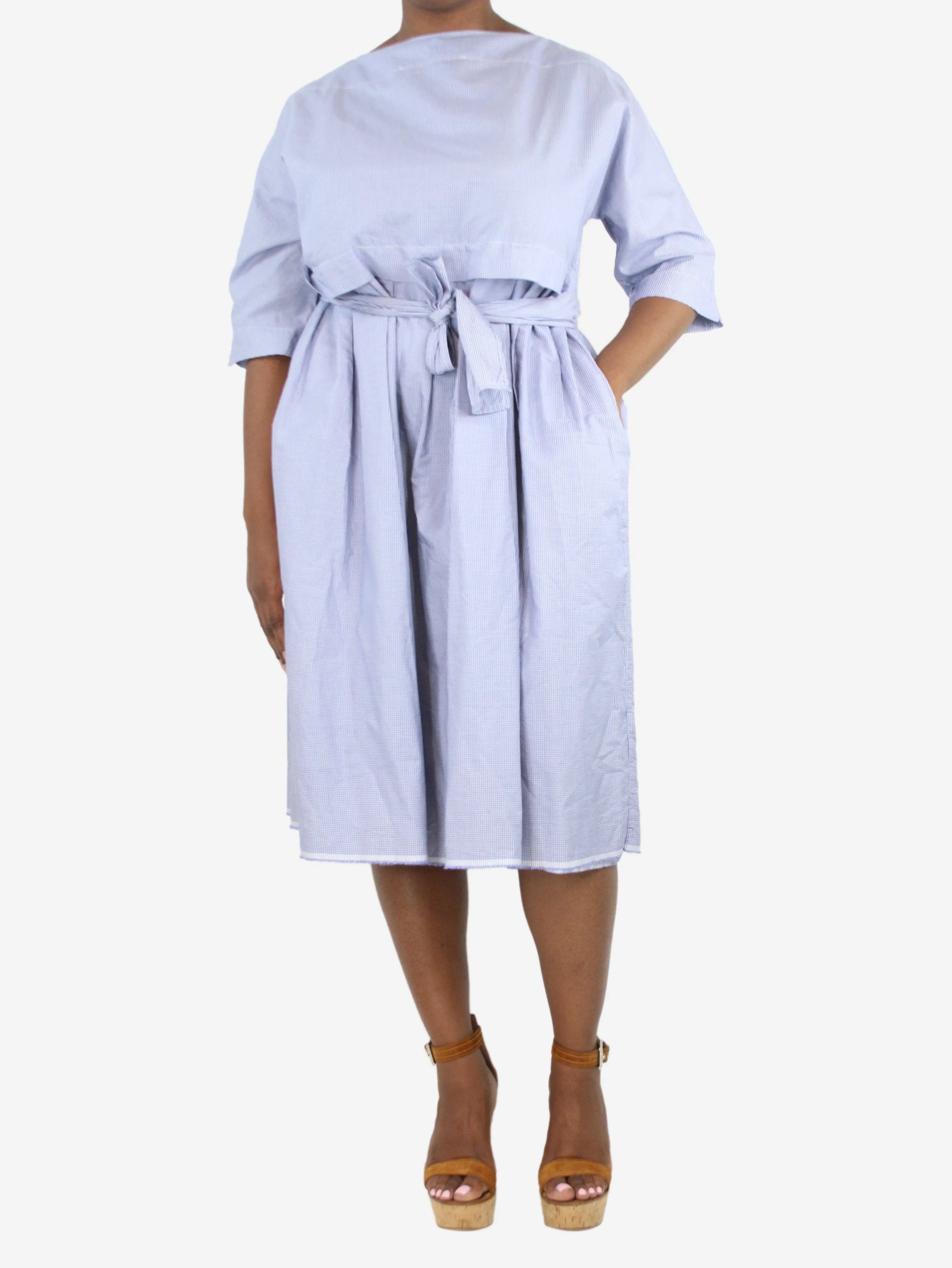 Blue boat-neck checked belted midi dress