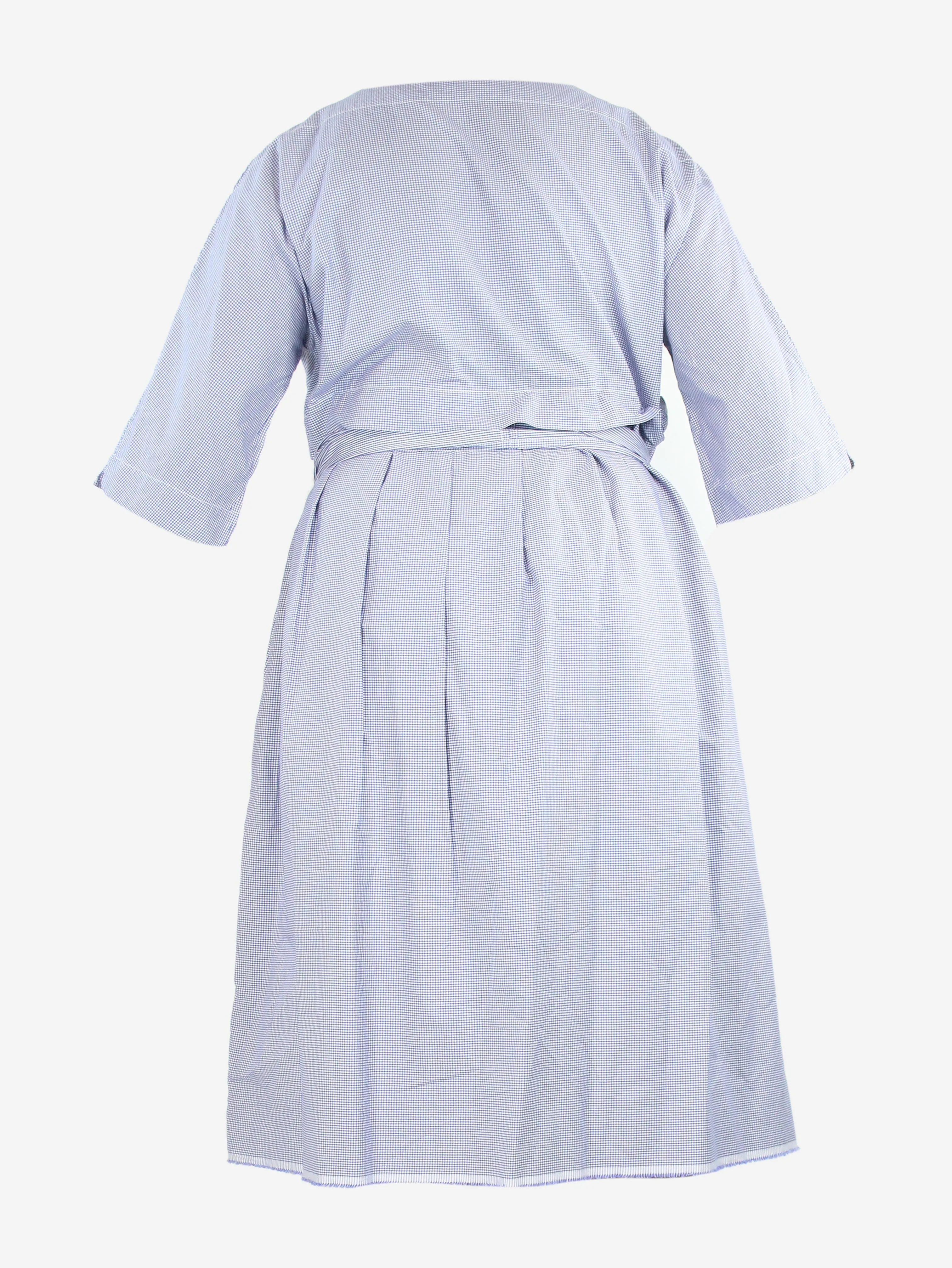 Blue boat-neck checked belted midi dress