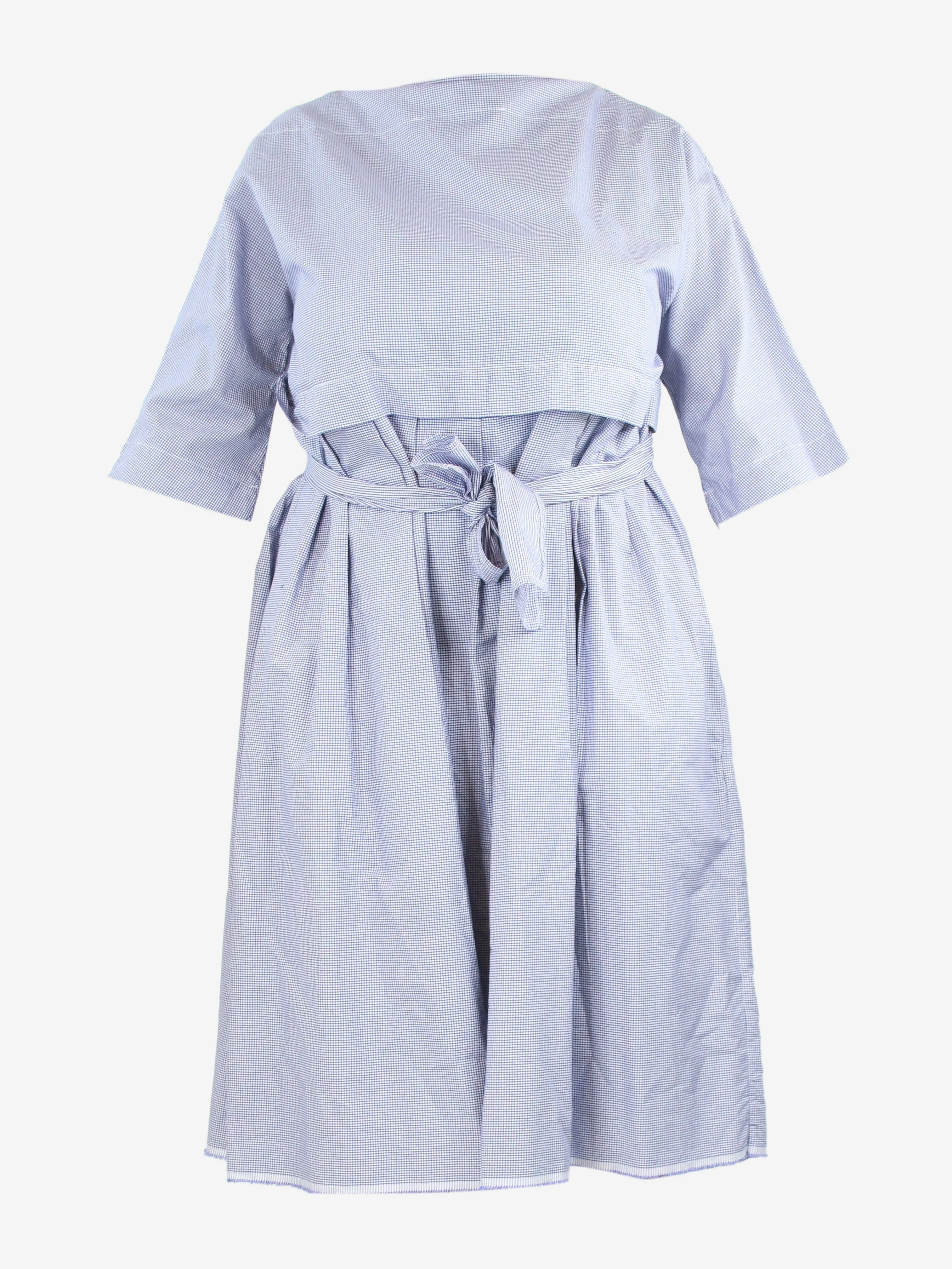 Blue boat-neck checked belted midi dress