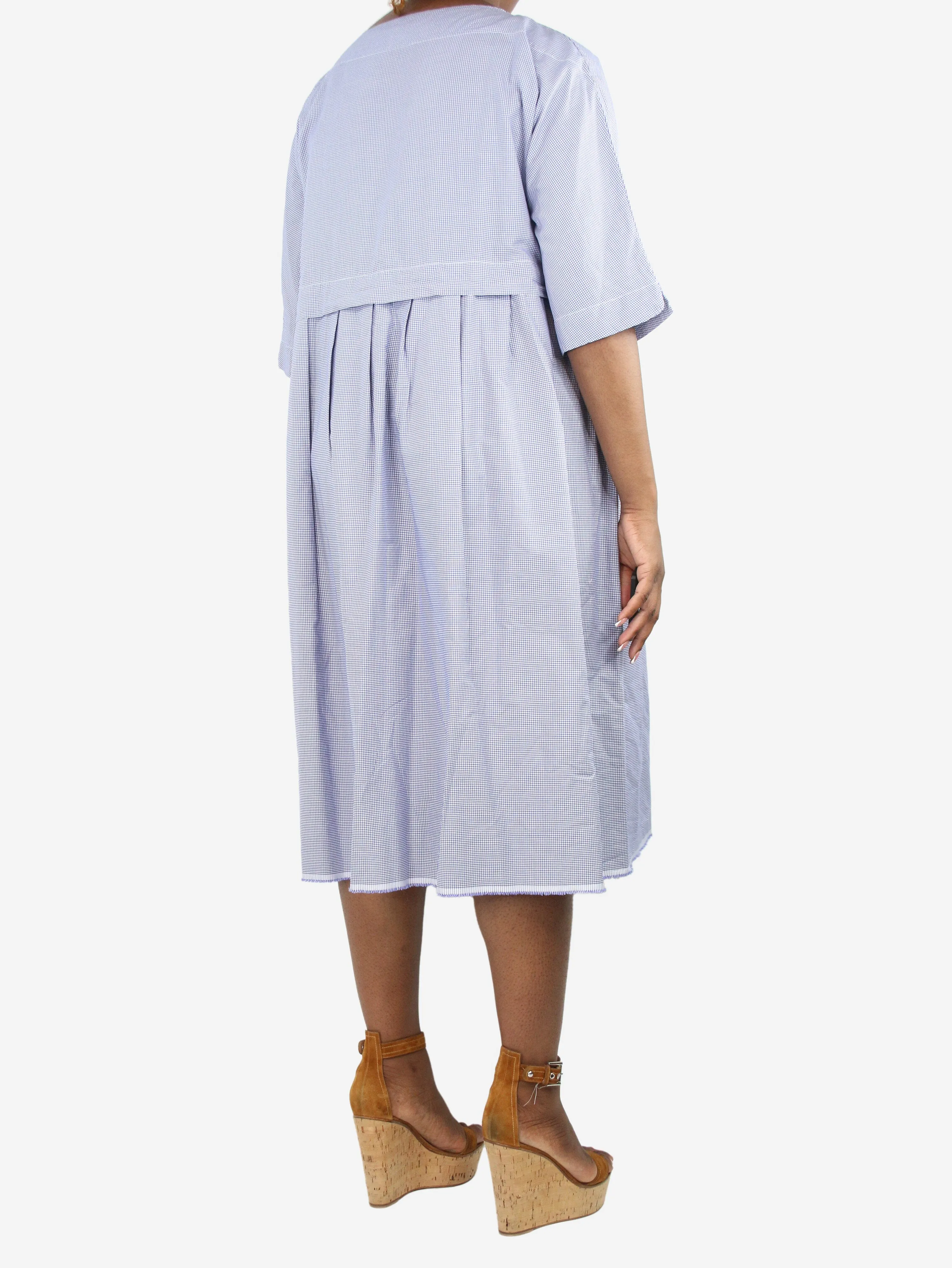 Blue boat-neck checked belted midi dress