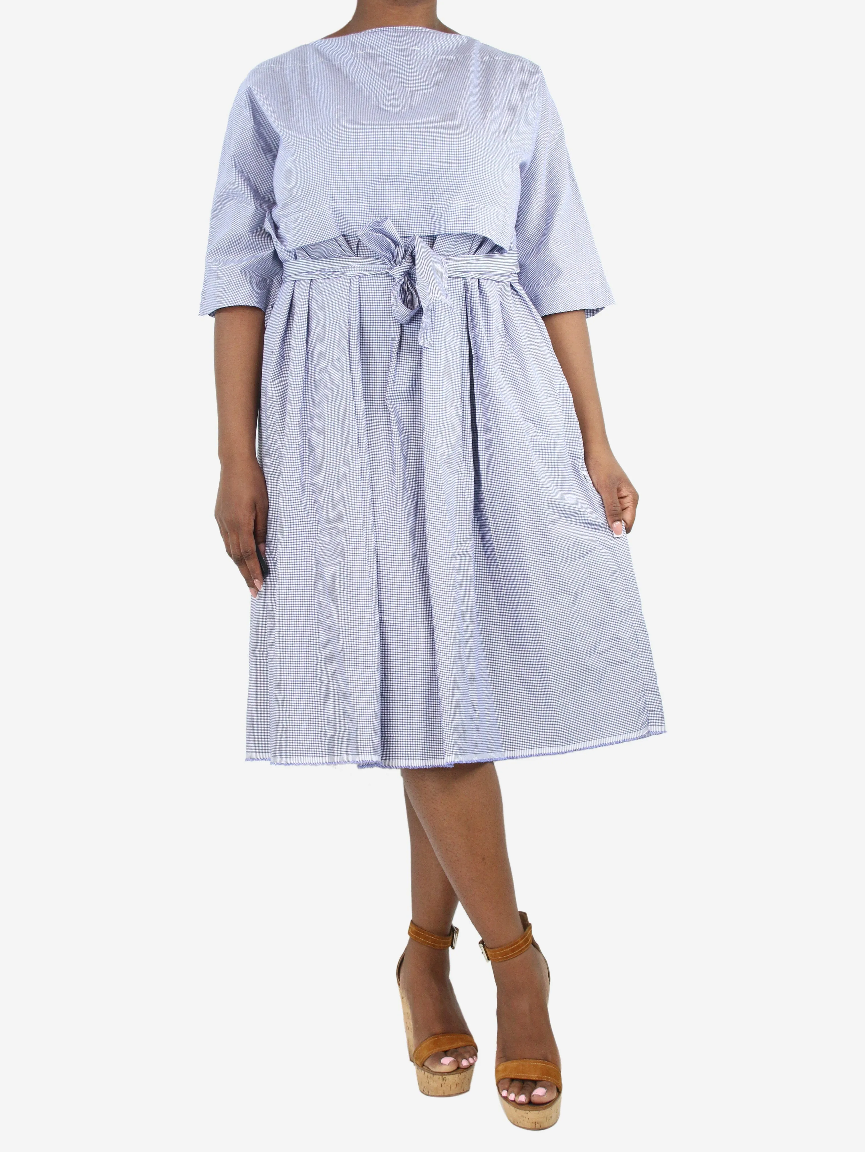 Blue boat-neck checked belted midi dress