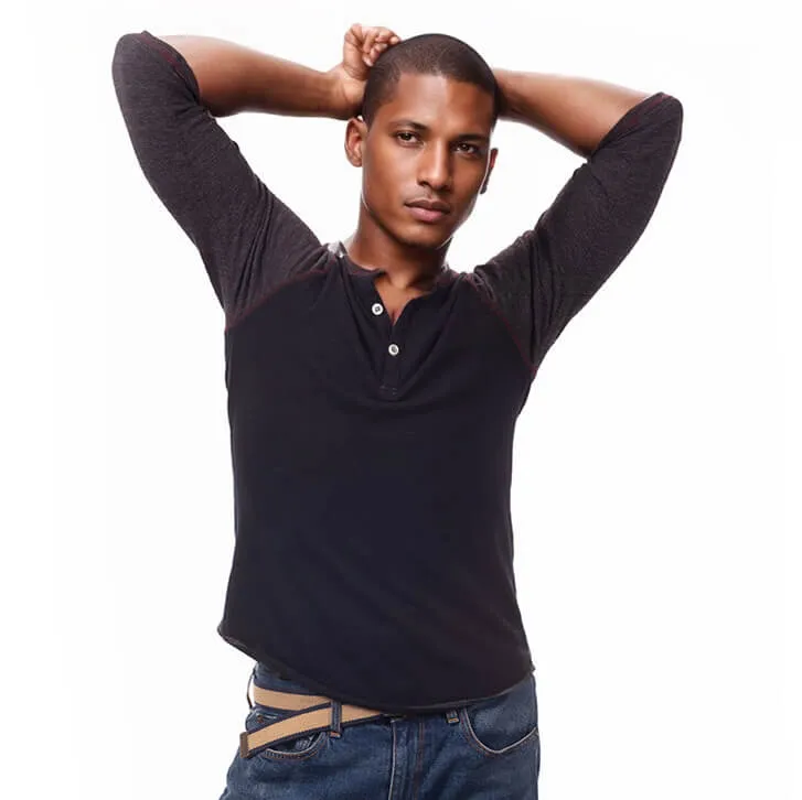 Burgundy & Navy Blue Contrast 3/4 Raglan Sleeve Tri-Blend Henley Shirt