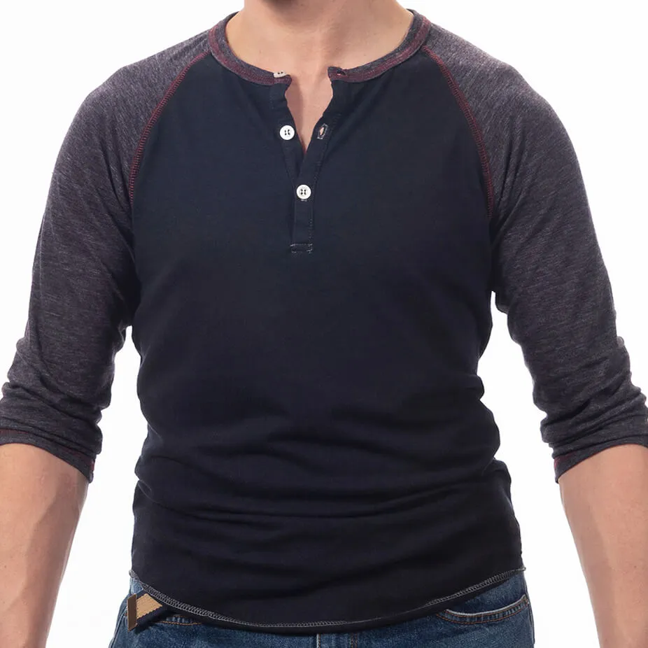 Burgundy & Navy Blue Contrast 3/4 Raglan Sleeve Tri-Blend Henley Shirt
