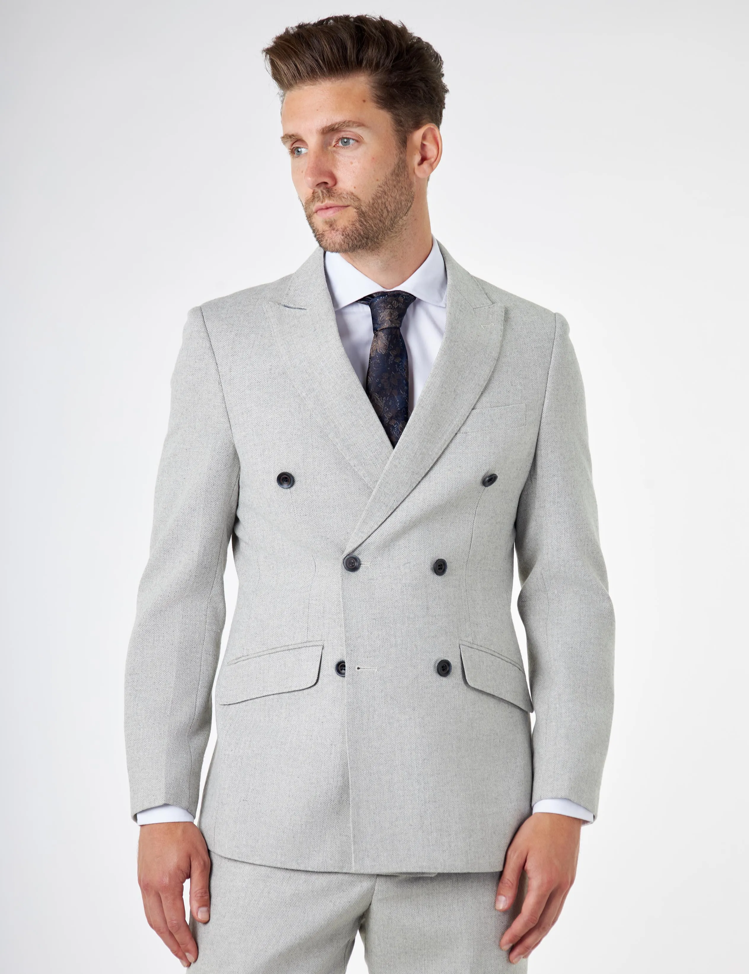 CALIX – Grey Herringbone Double Breasted Tailored Suit