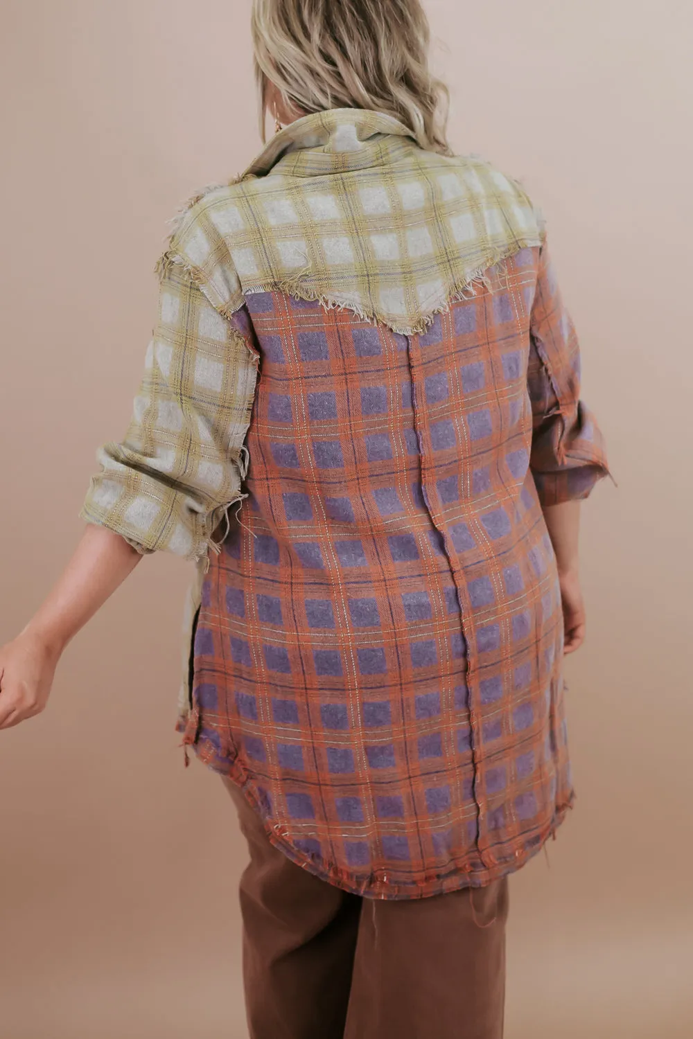 Collared Contrast Plaid Top, Violet/ Beige