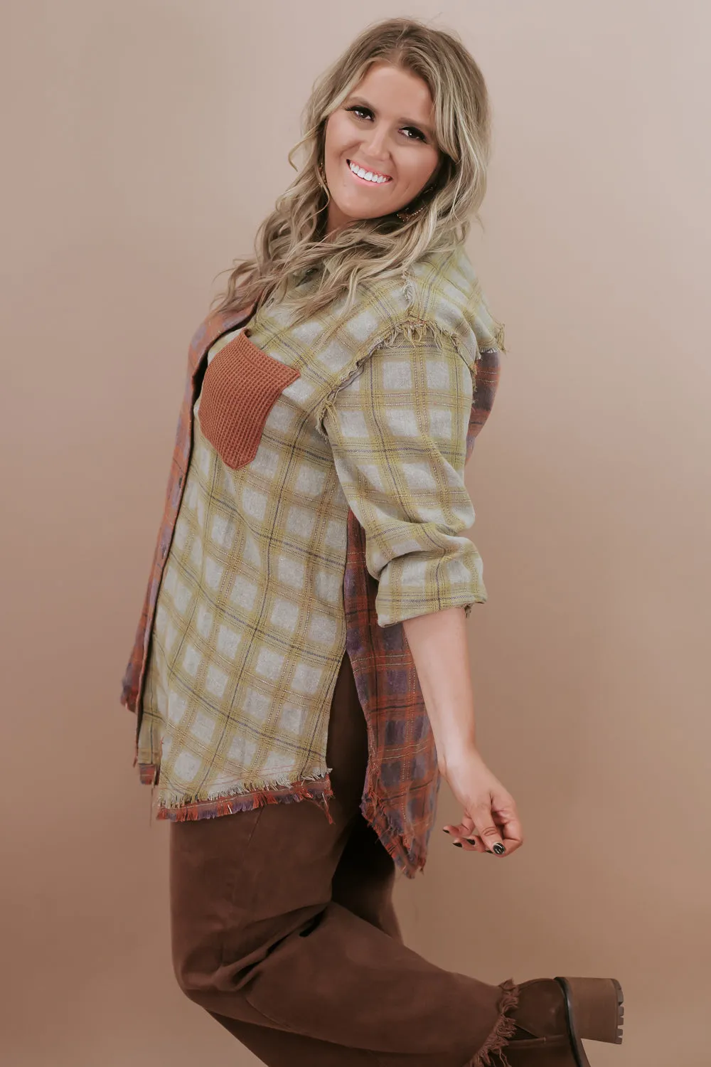 Collared Contrast Plaid Top, Violet/ Beige