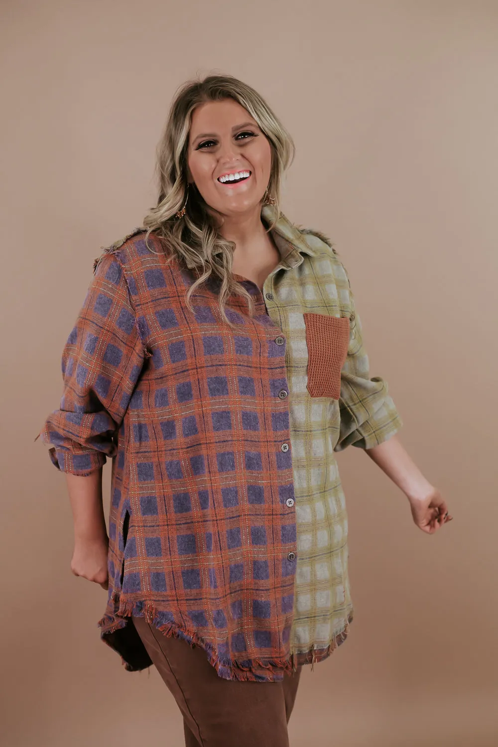 Collared Contrast Plaid Top, Violet/ Beige