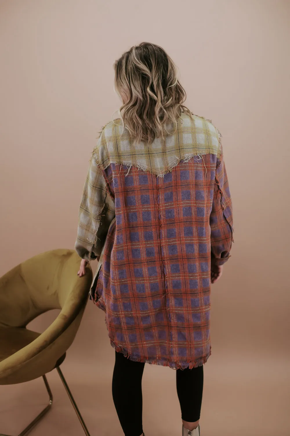 Collared Contrast Plaid Top, Violet/ Beige