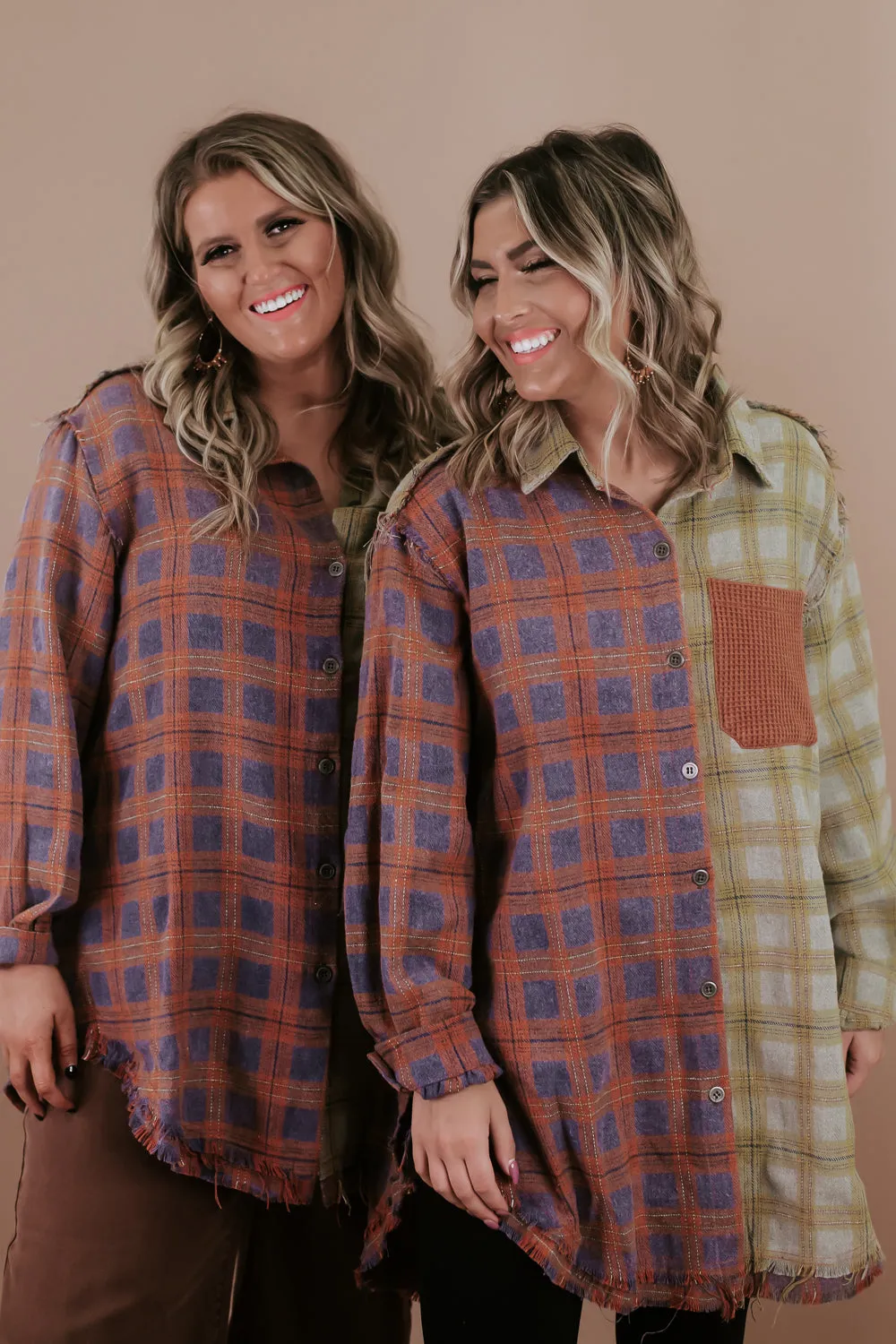 Collared Contrast Plaid Top, Violet/ Beige