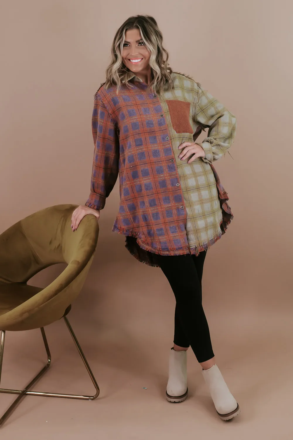 Collared Contrast Plaid Top, Violet/ Beige