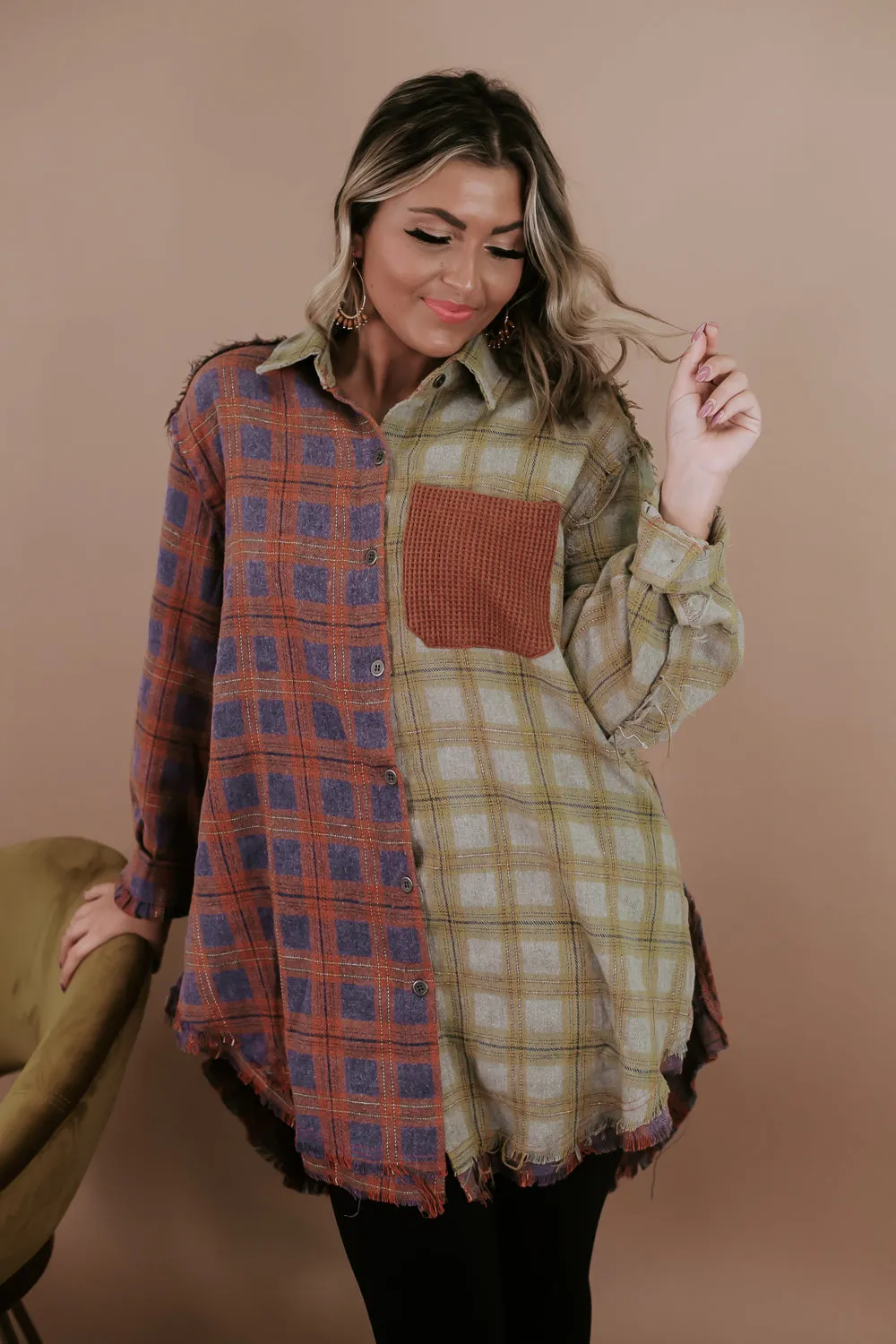 Collared Contrast Plaid Top, Violet/ Beige