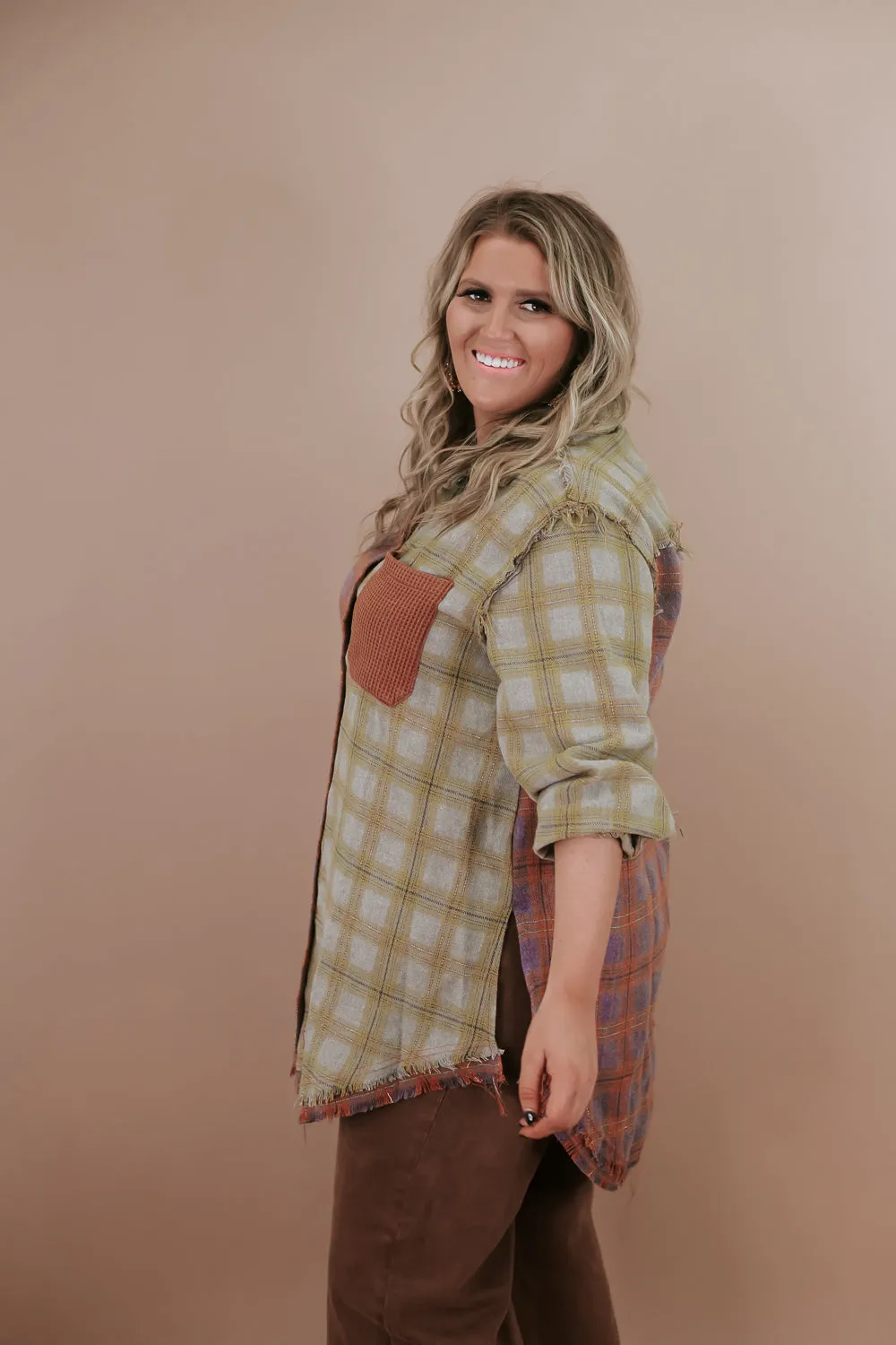 Collared Contrast Plaid Top, Violet/ Beige