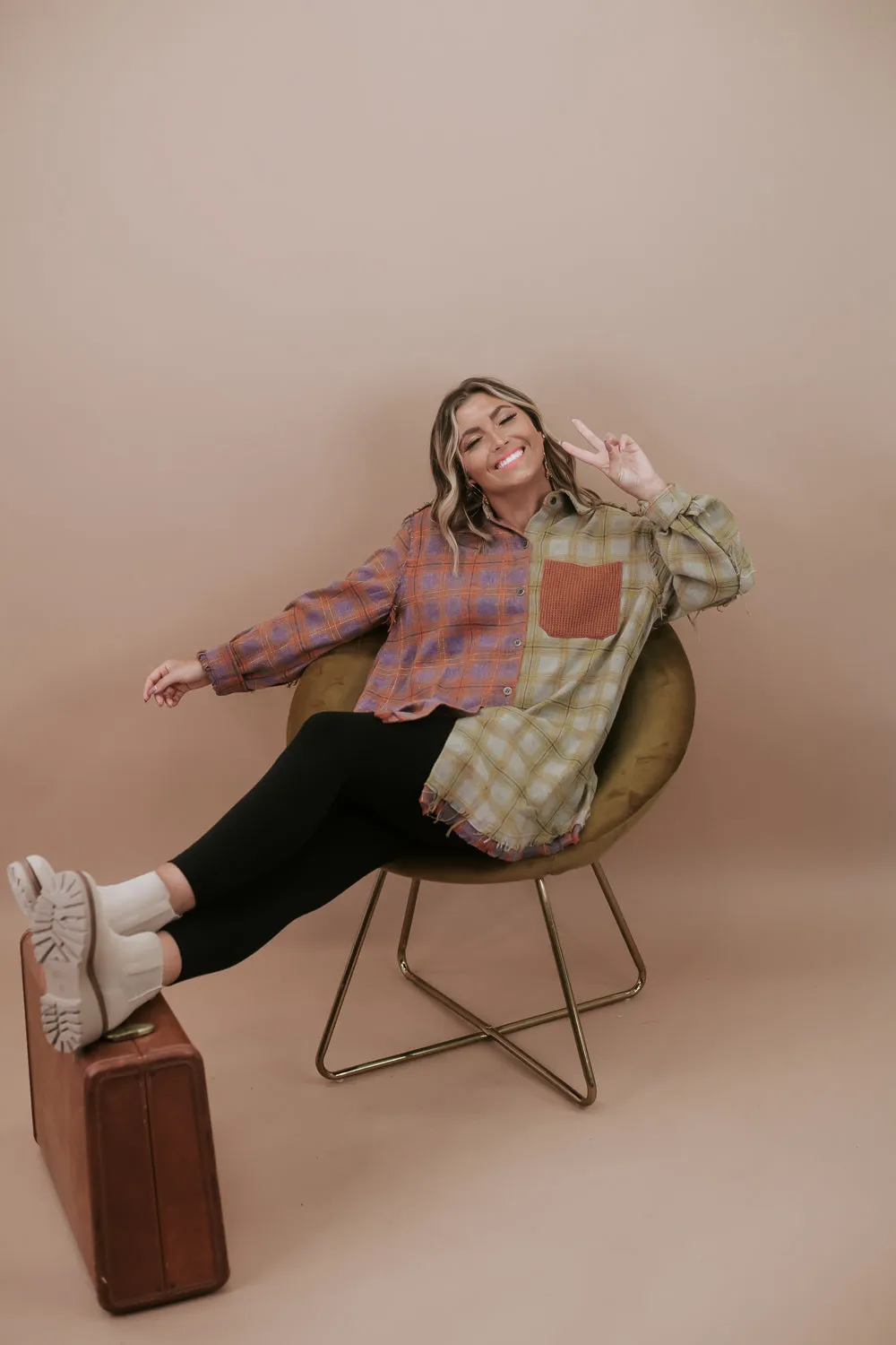 Collared Contrast Plaid Top, Violet/ Beige