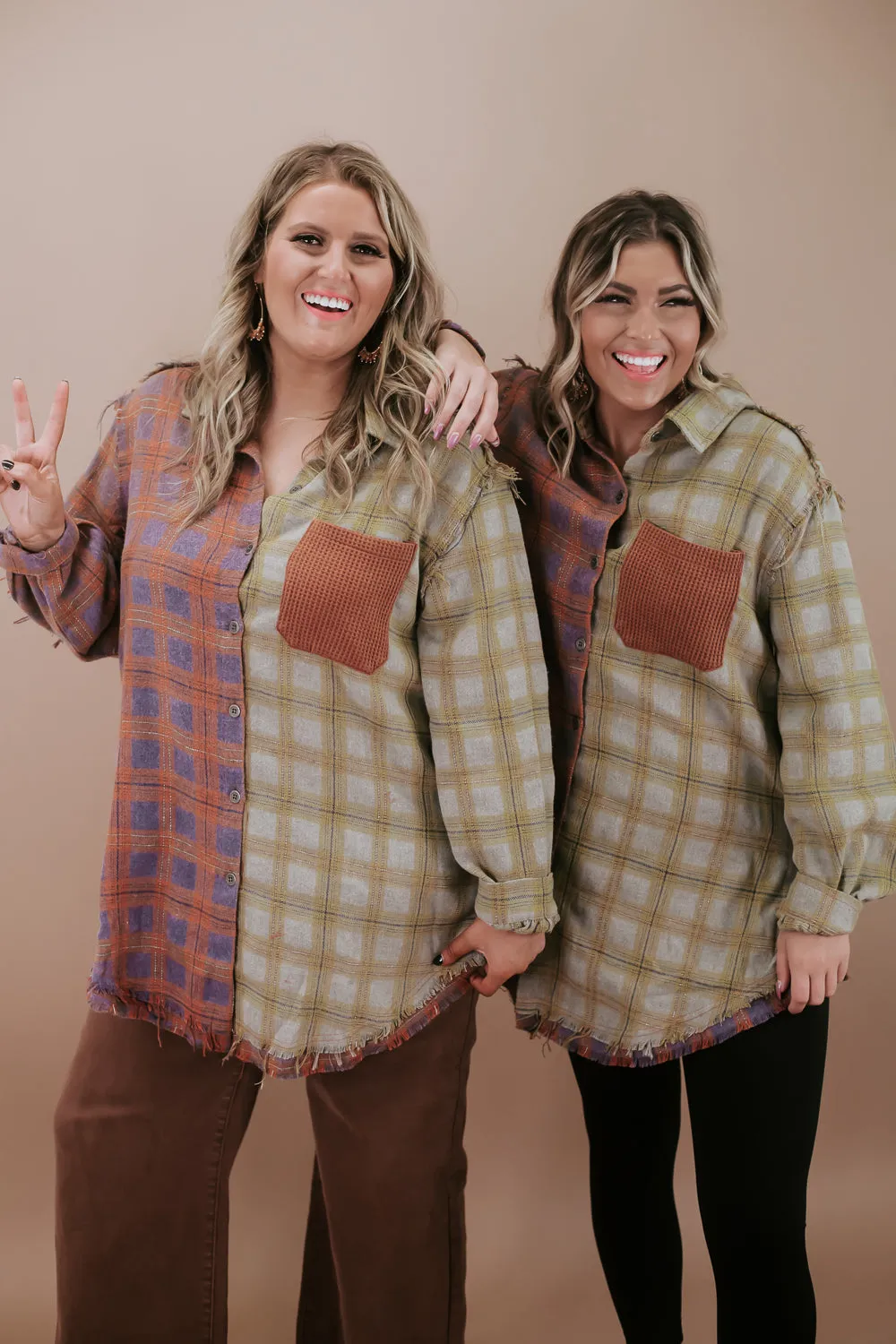 Collared Contrast Plaid Top, Violet/ Beige