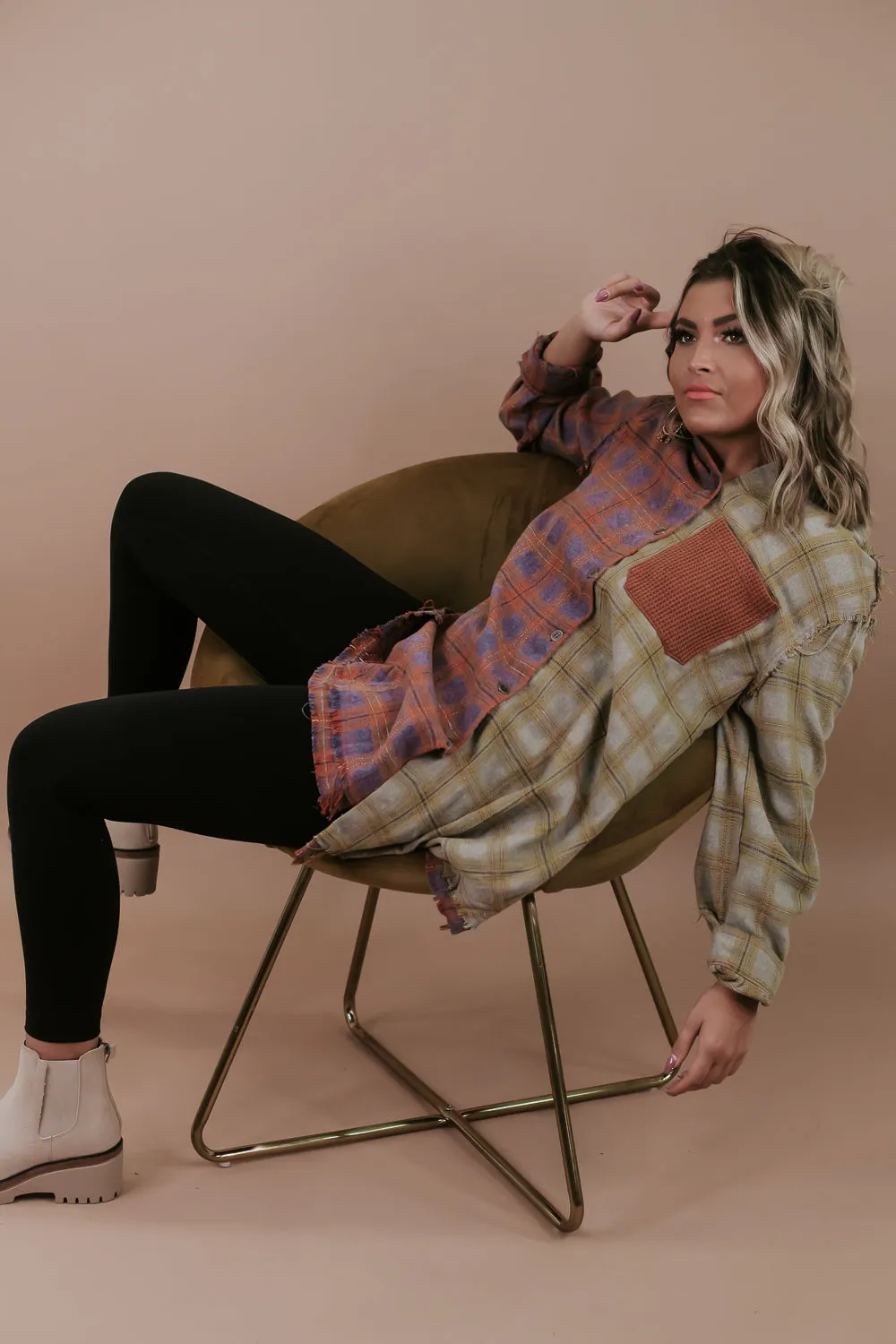 Collared Contrast Plaid Top, Violet/ Beige
