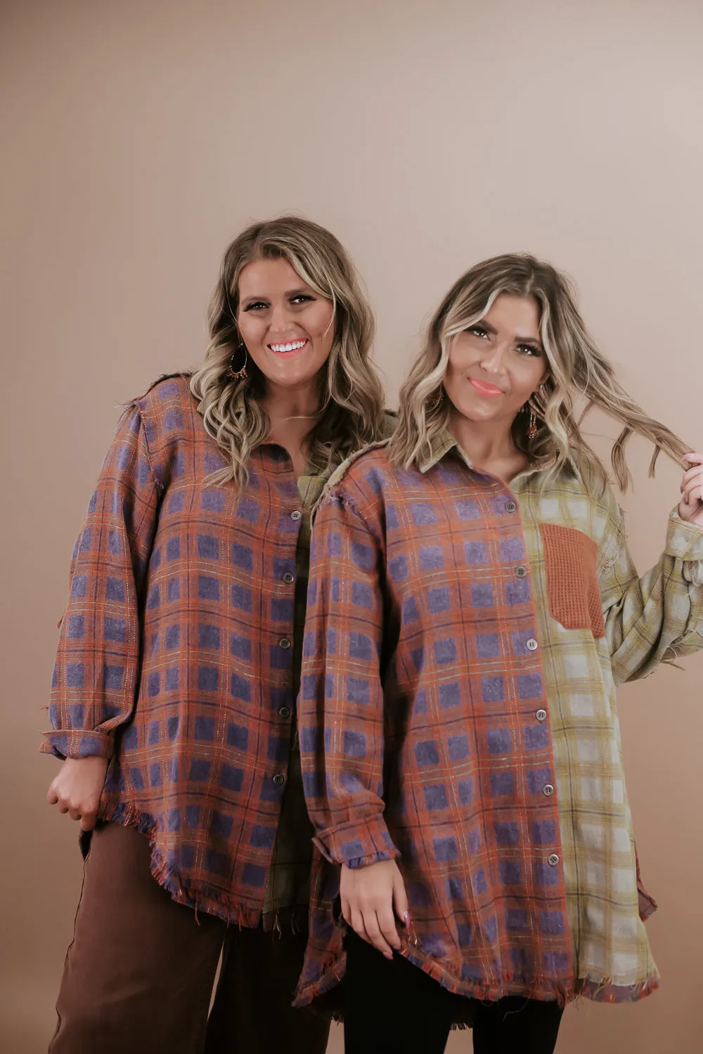 Collared Contrast Plaid Top, Violet/ Beige