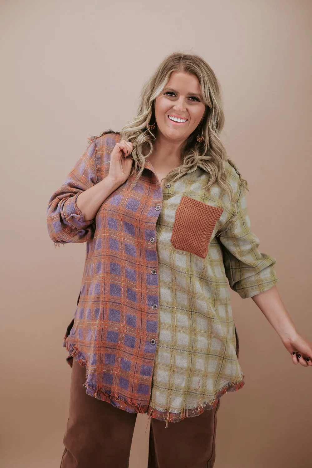 Collared Contrast Plaid Top, Violet/ Beige