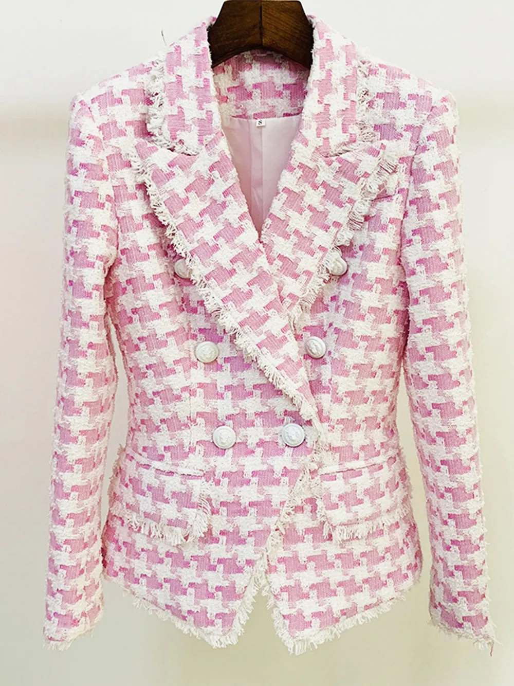 Double Breasted Houndstooth Tweed Blazer