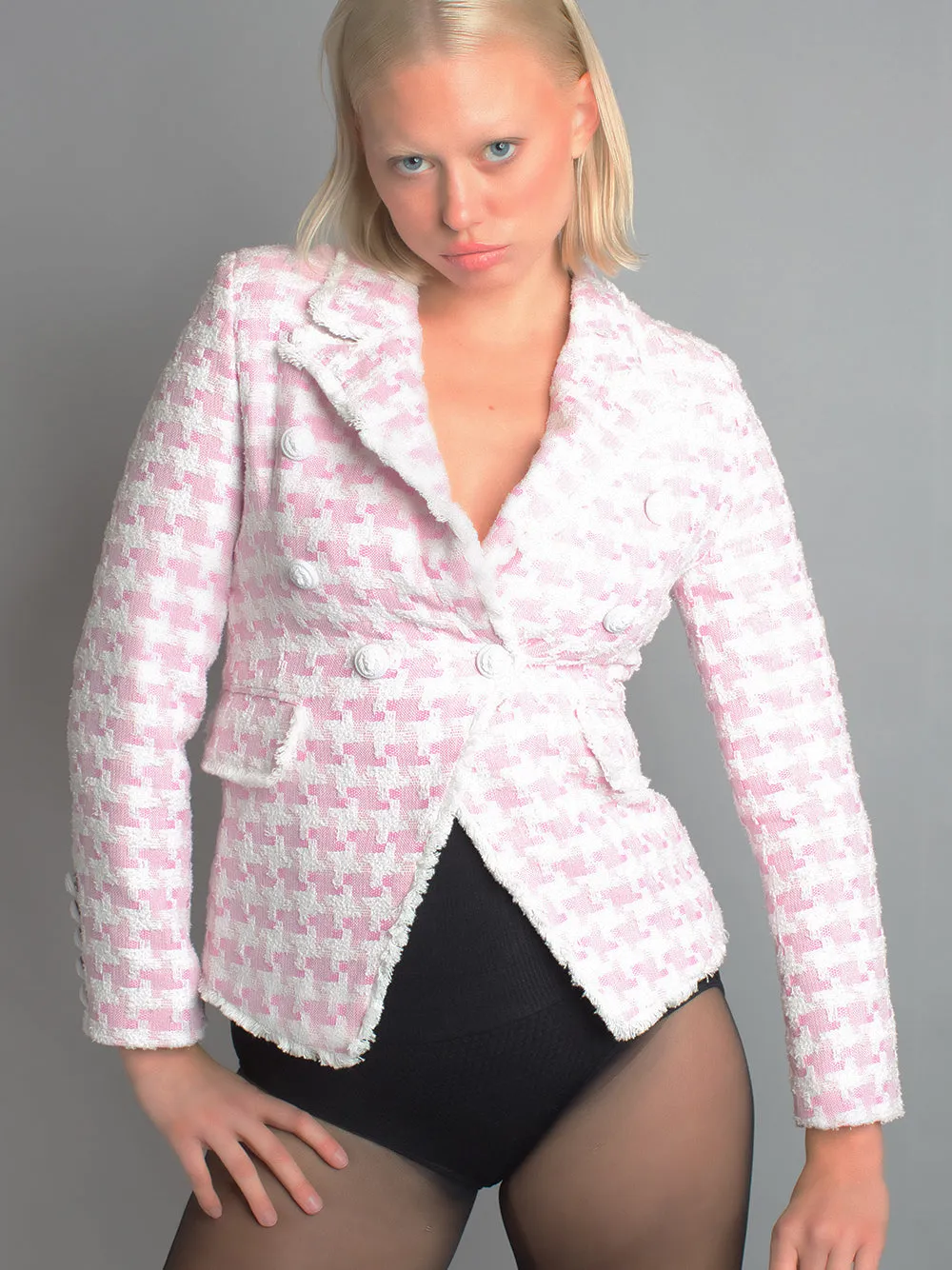 Double Breasted Houndstooth Tweed Blazer