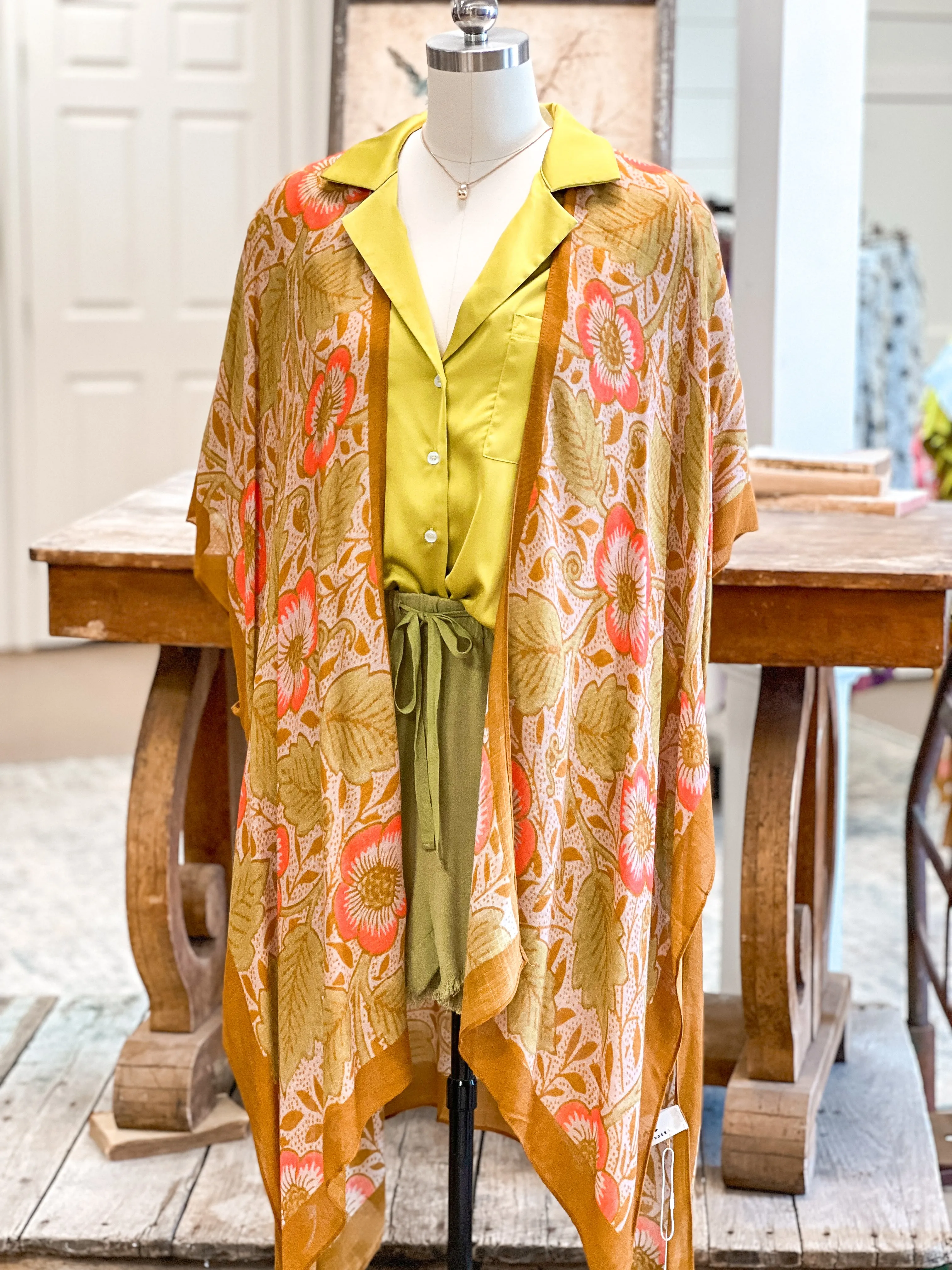 FLOWERY KIMONO, MUSTARD/CORAL