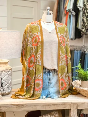 FLOWERY KIMONO, MUSTARD/CORAL