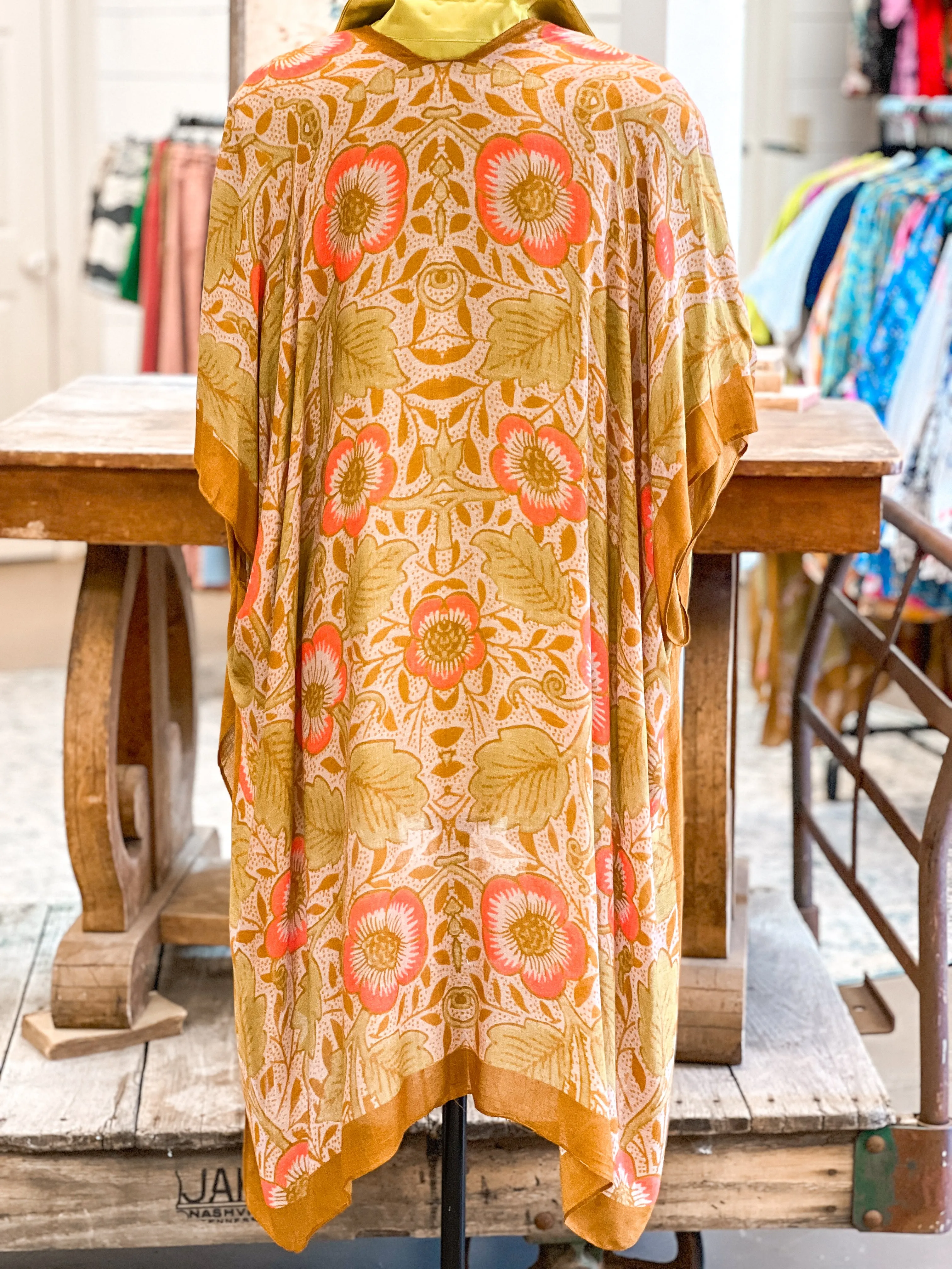 FLOWERY KIMONO, MUSTARD/CORAL