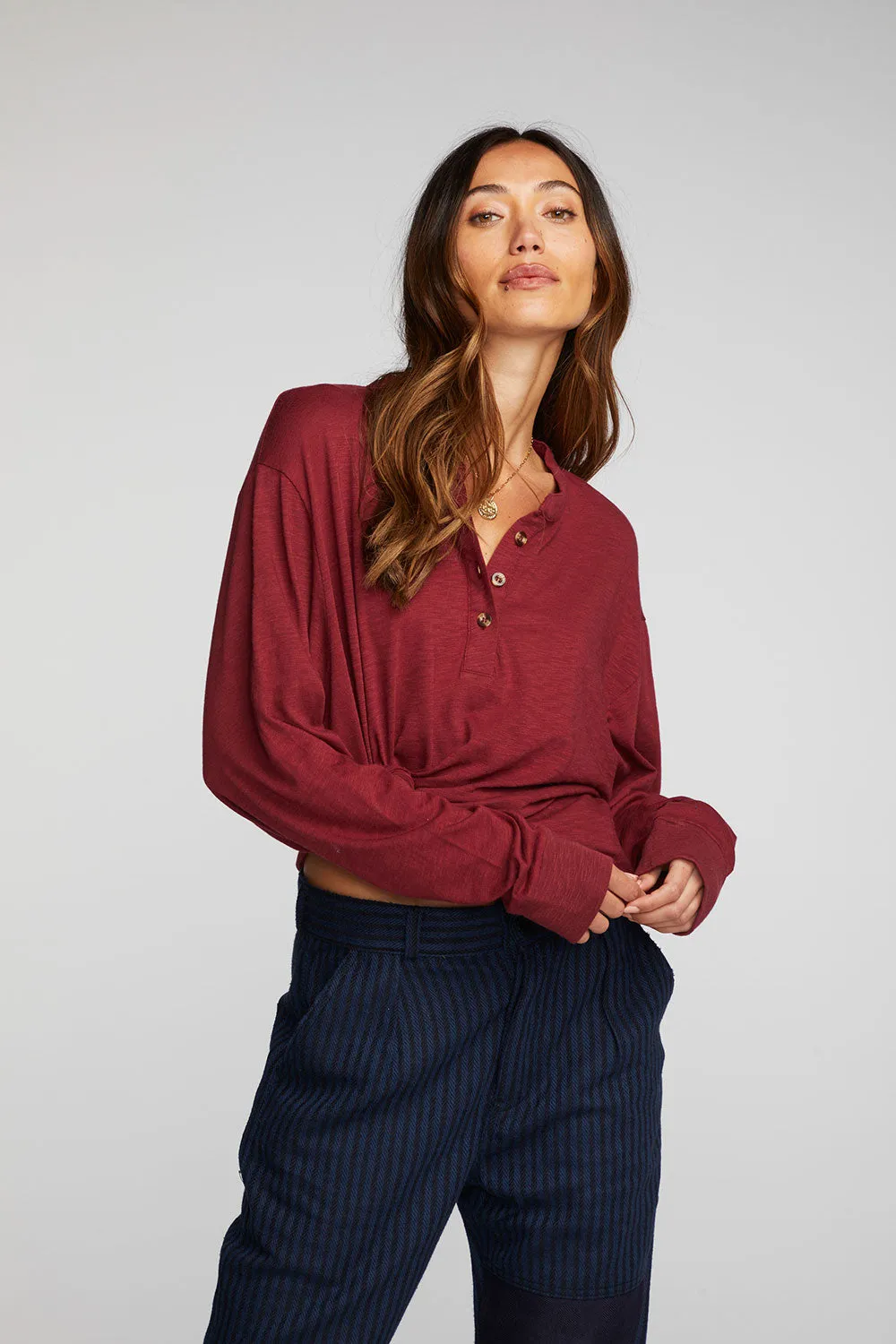 Gauze Jersey Long Sleeve Henley with Deconstructed Bottom Hem