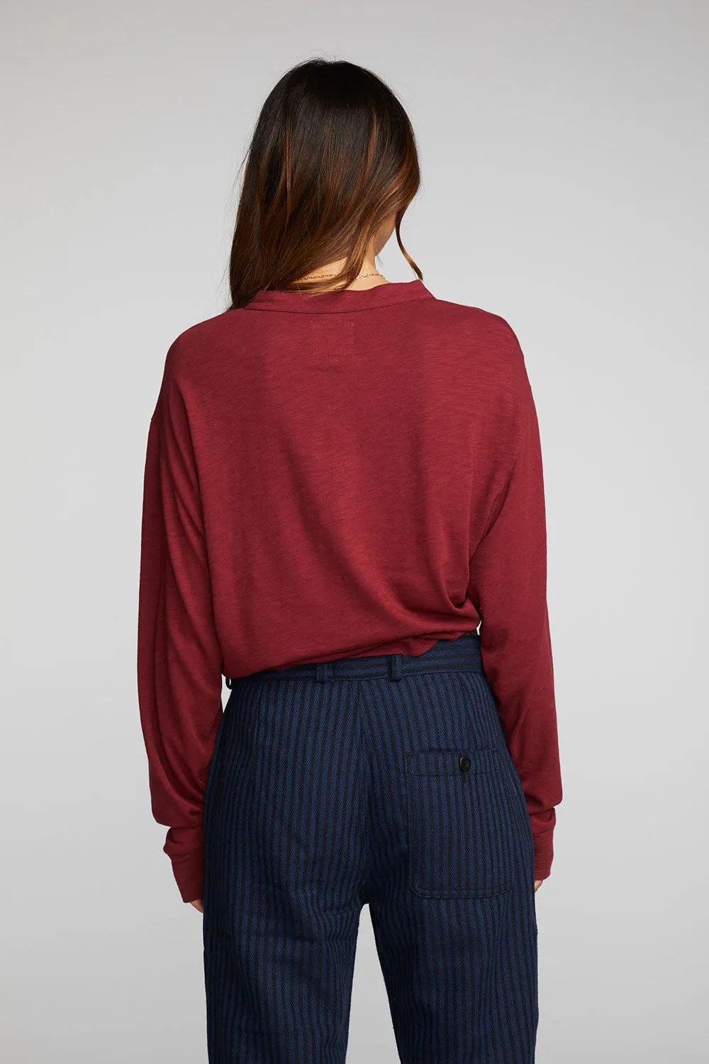 Gauze Jersey Long Sleeve Henley with Deconstructed Bottom Hem
