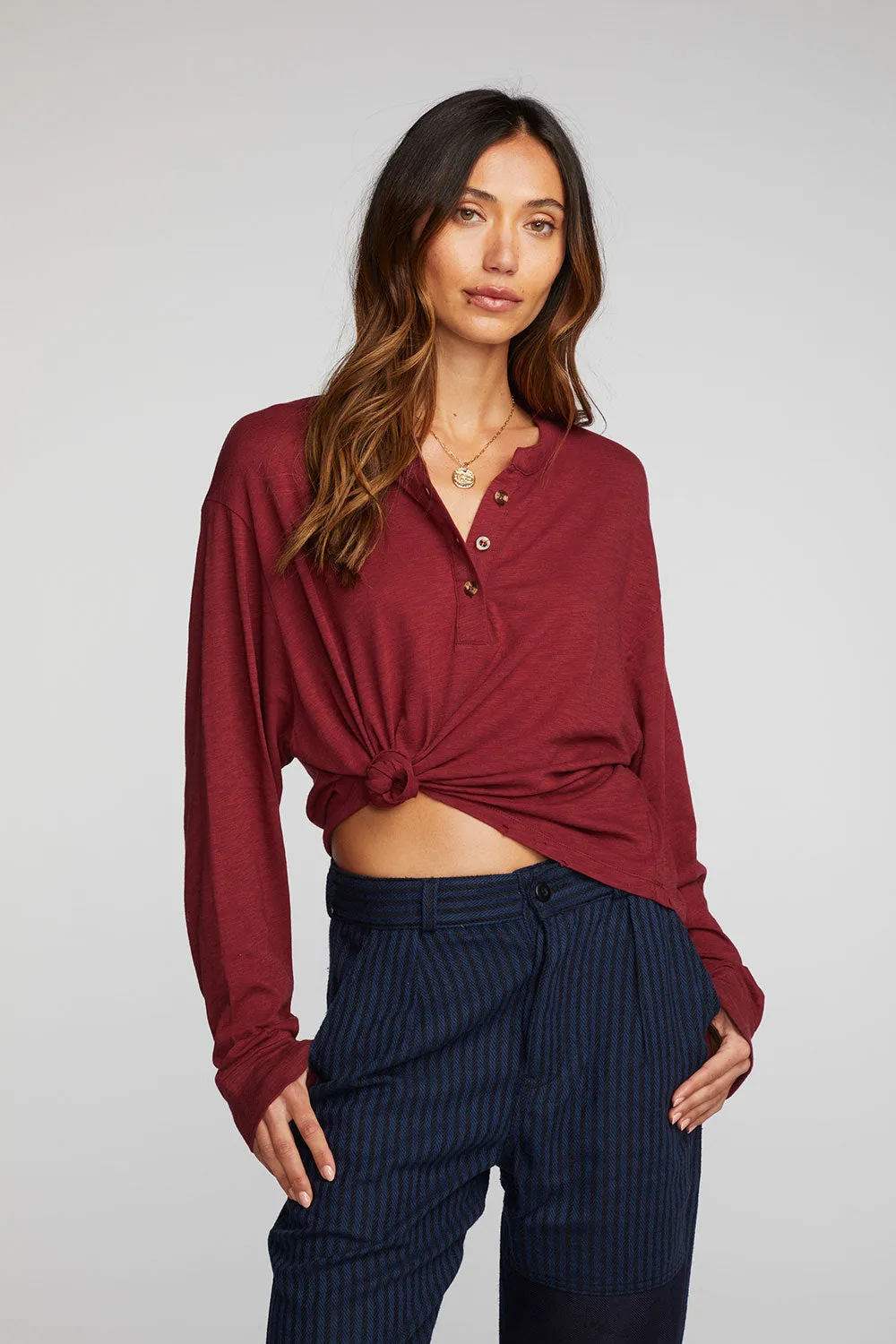 Gauze Jersey Long Sleeve Henley with Deconstructed Bottom Hem
