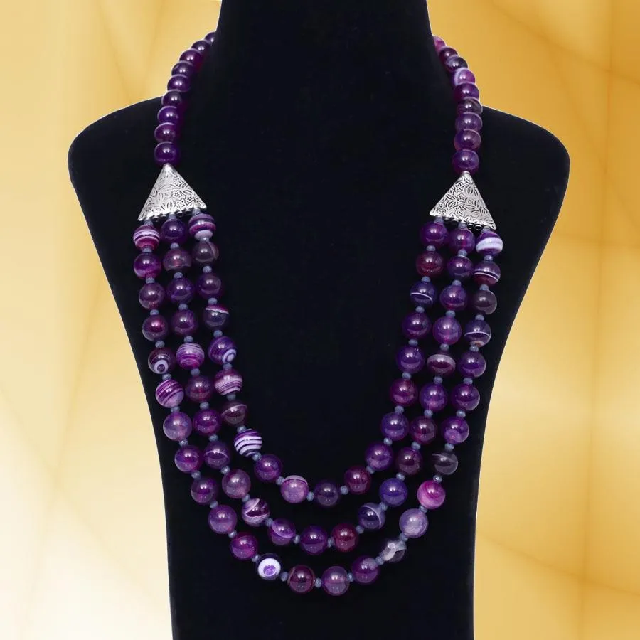 Imeora Tripple Line 10mm Agate Necklace With 8mm Earrings