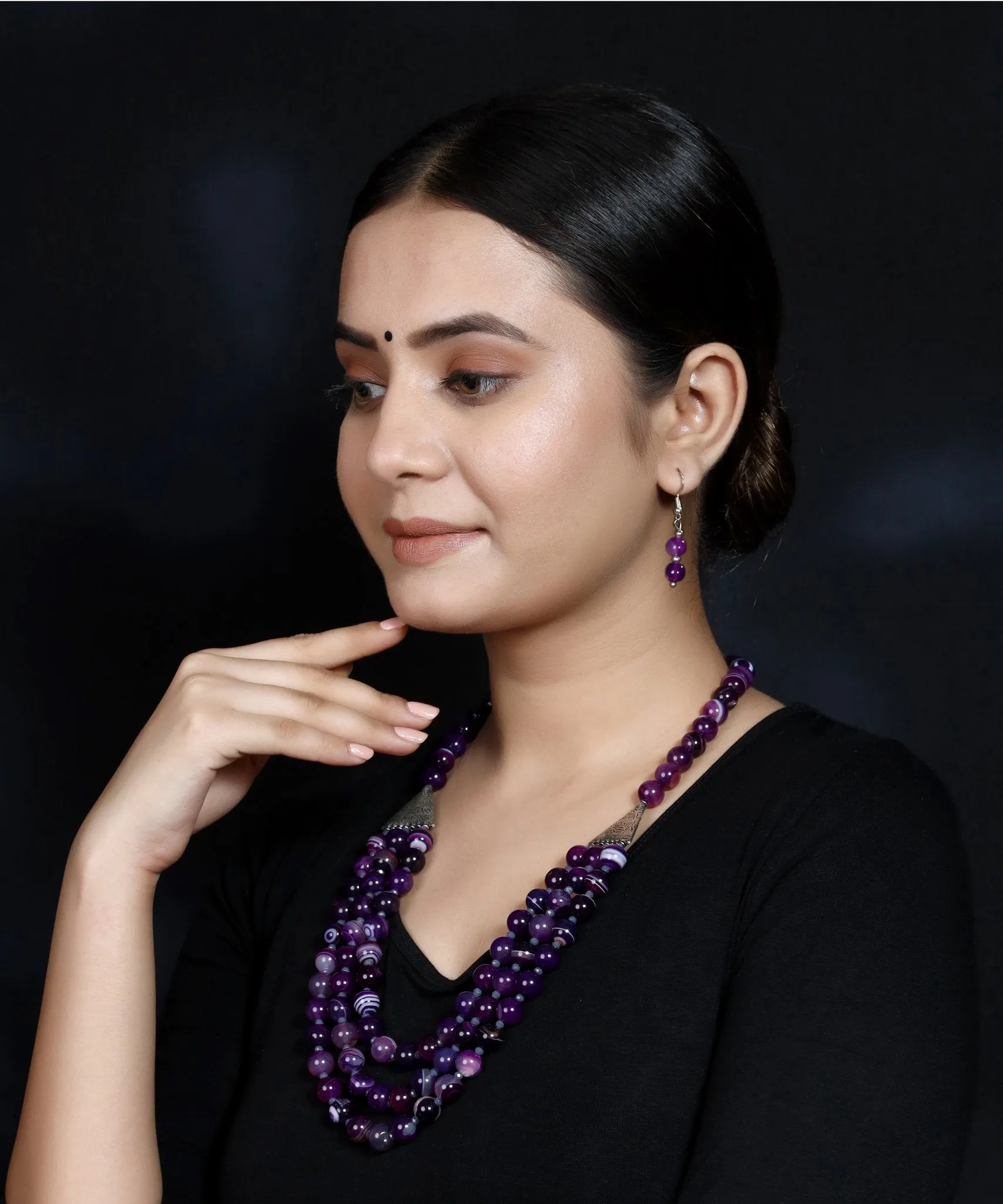 Imeora Tripple Line 10mm Agate Necklace With 8mm Earrings