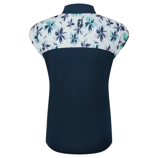 Ladies Blocked Floral Print Cap Sleeve Polo Shirt