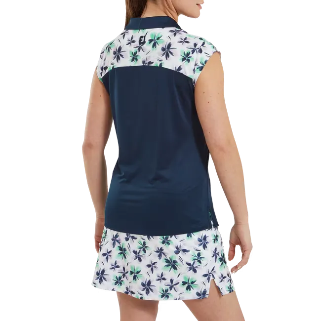 Ladies Blocked Floral Print Cap Sleeve Polo Shirt